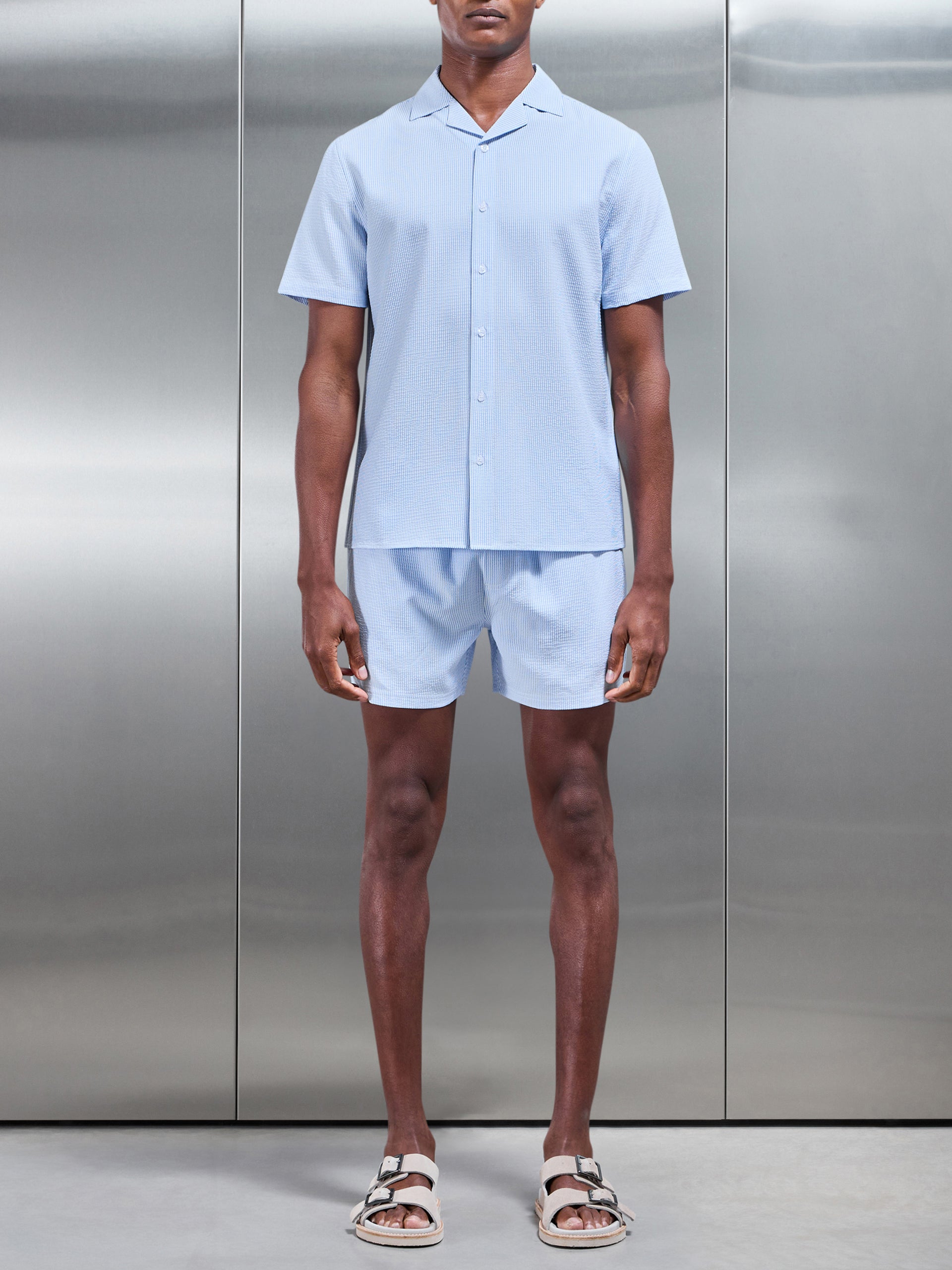 Seersucker Stripe Drawstring Swim Short in Light Blue