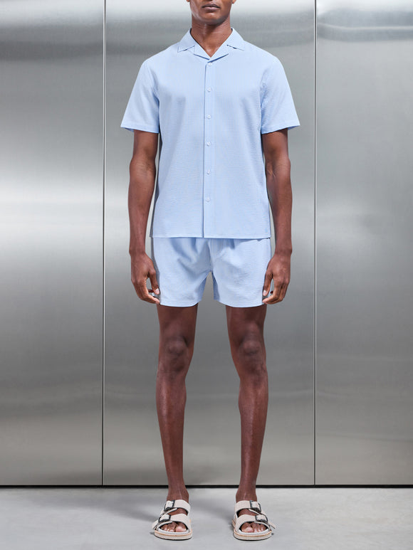 Seersucker Stripe Drawstring Swim Short in Light Blue