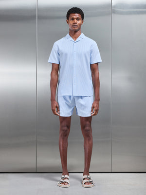 Seersucker Stripe Drawstring Swim Short in Light Blue