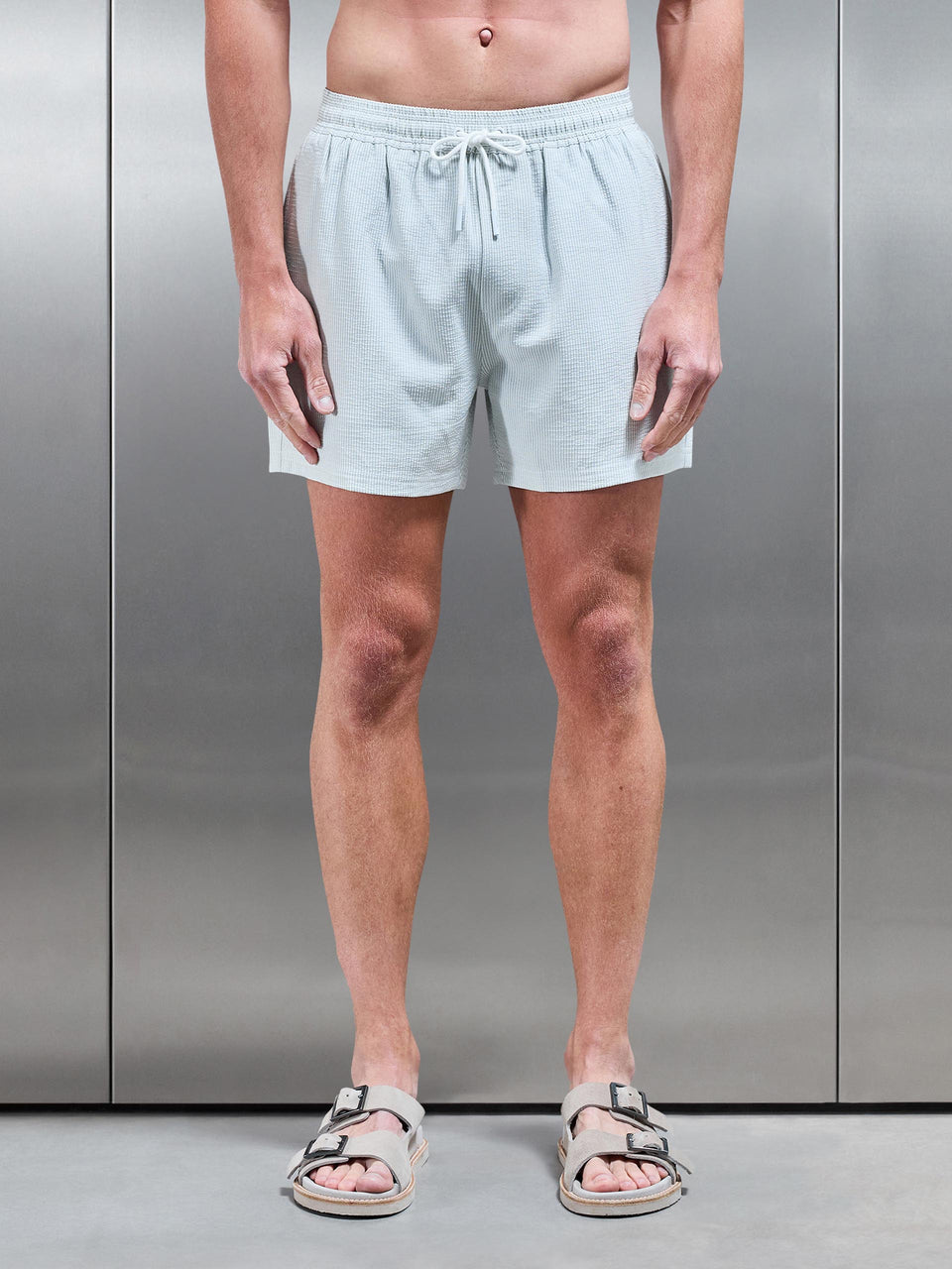 Seersucker Stripe Drawstring Swim Short in Sage