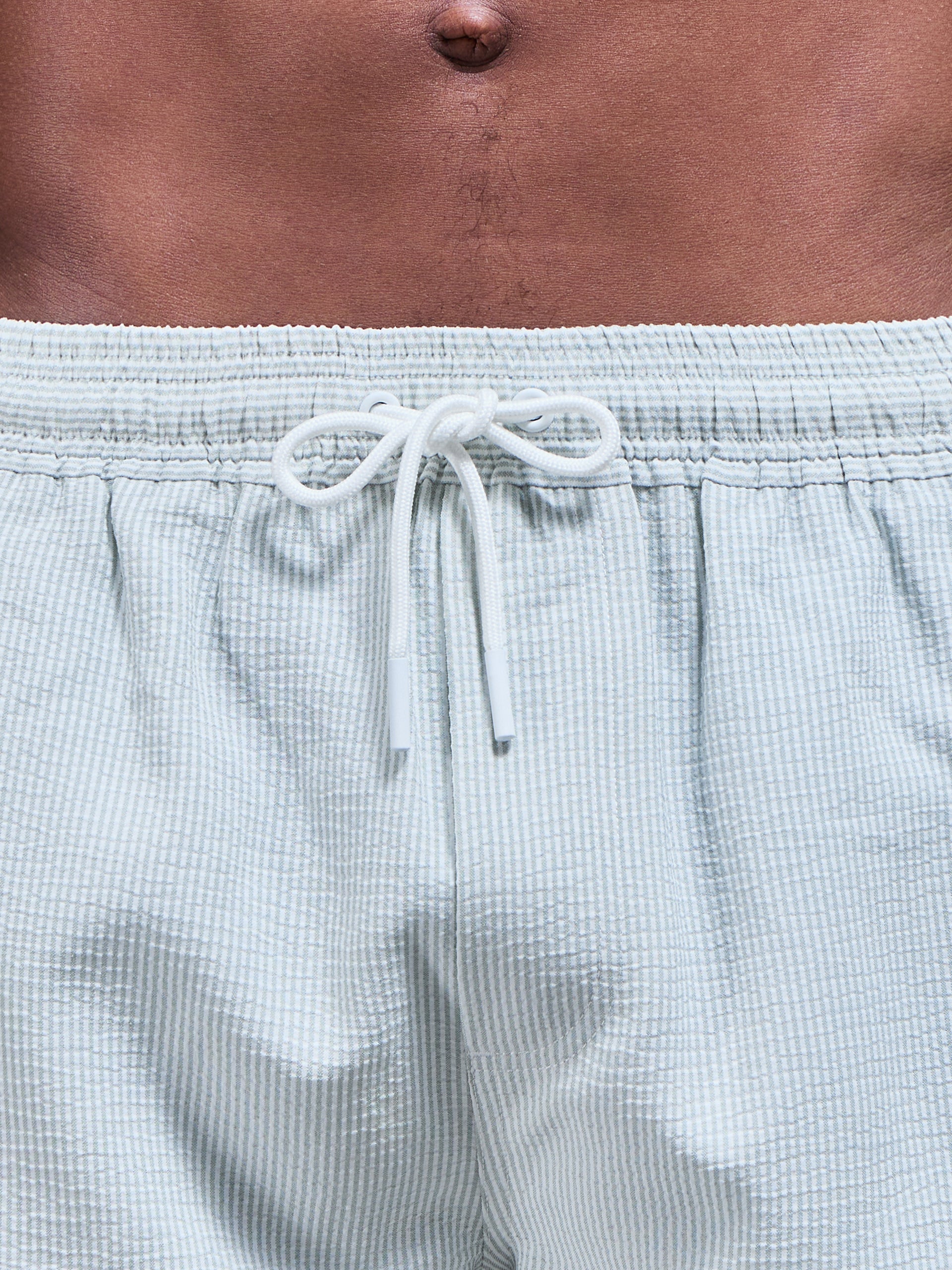 Seersucker Stripe Drawstring Swim Short in Sage