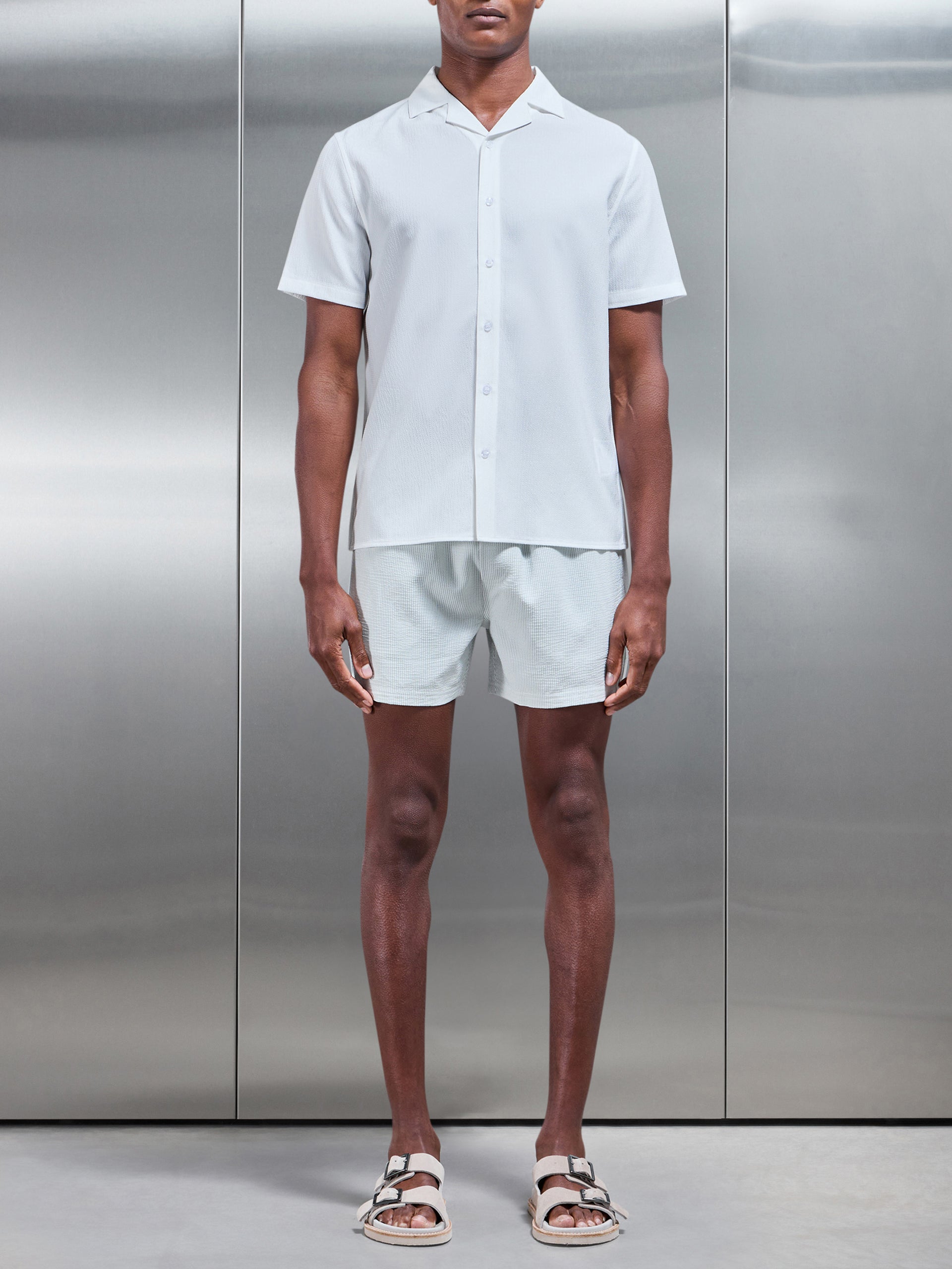 Seersucker Stripe Drawstring Swim Short in Sage