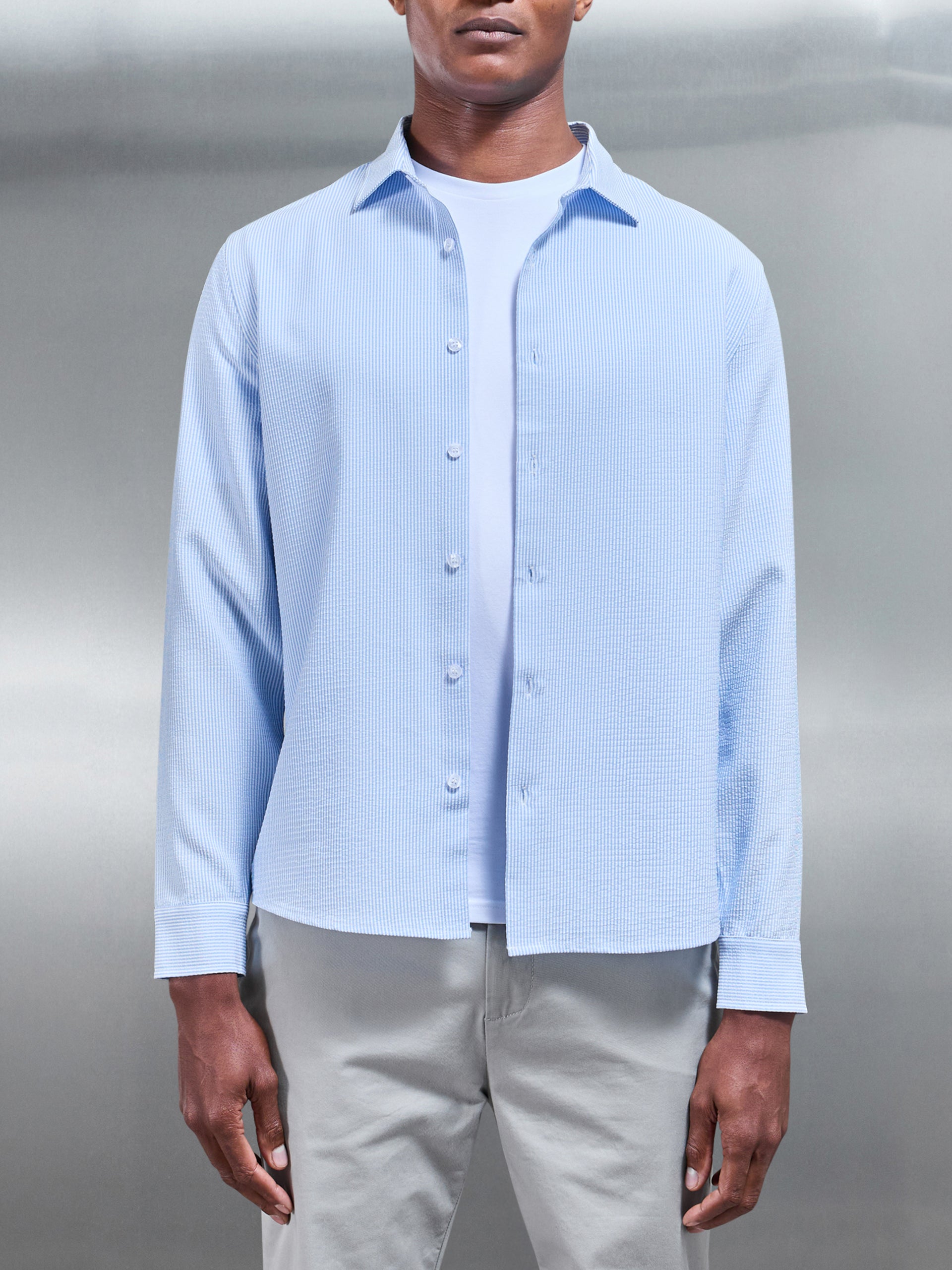 Seersucker Stripe Long Sleeve Shirt in Light Blue