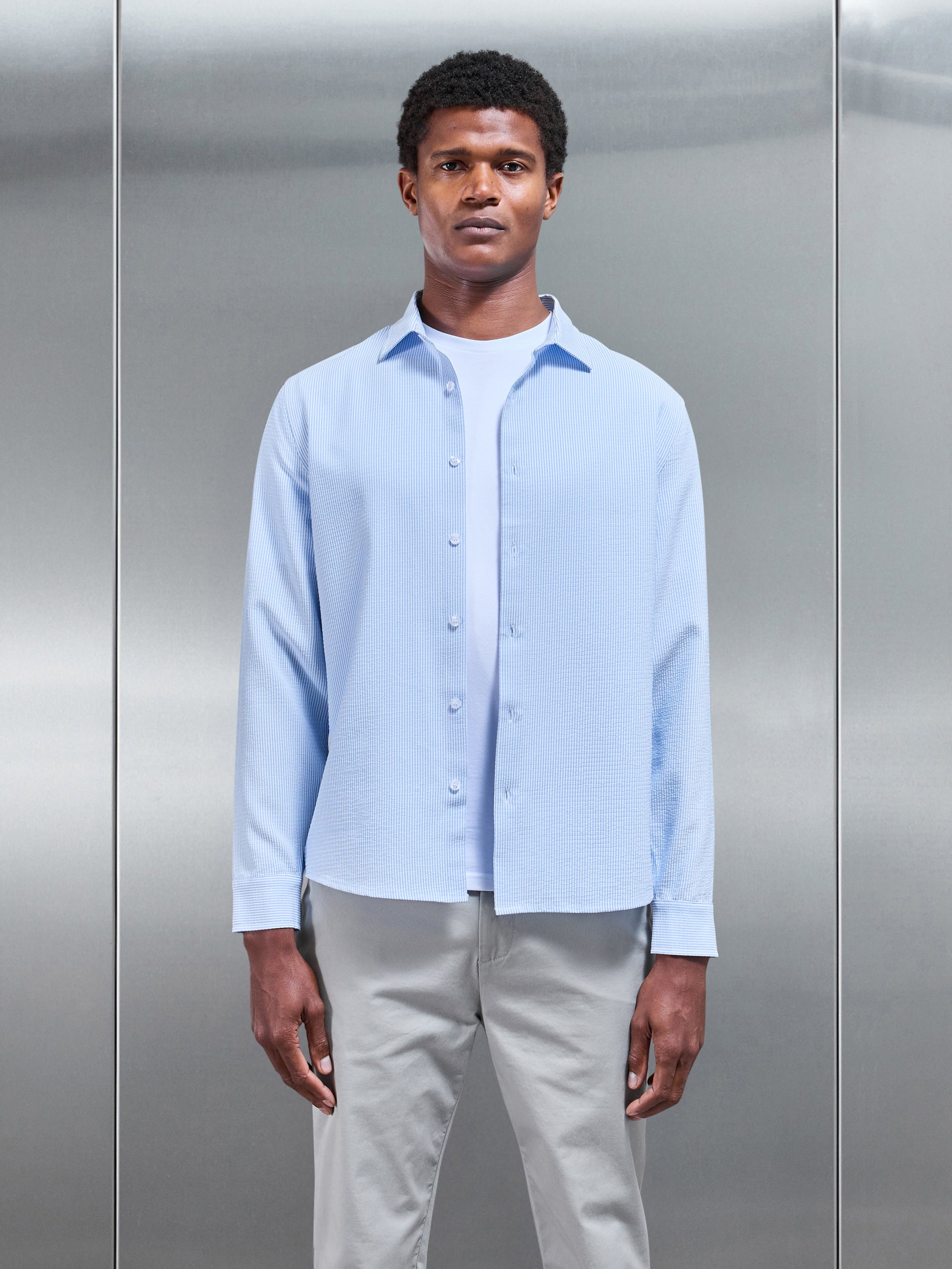 Seersucker Stripe Long Sleeve Shirt in Light Blue