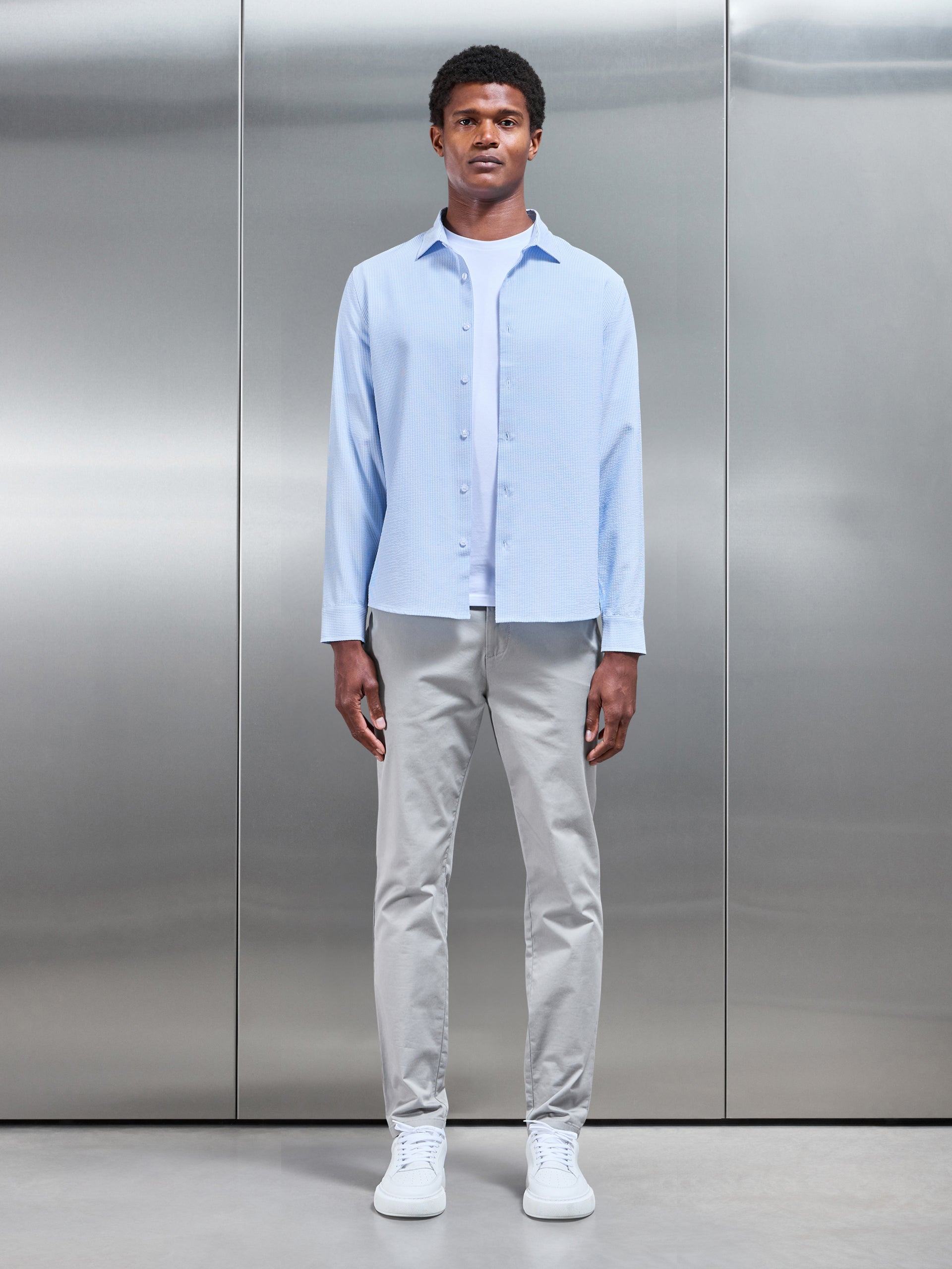 Seersucker Stripe Long Sleeve Shirt in Light Blue