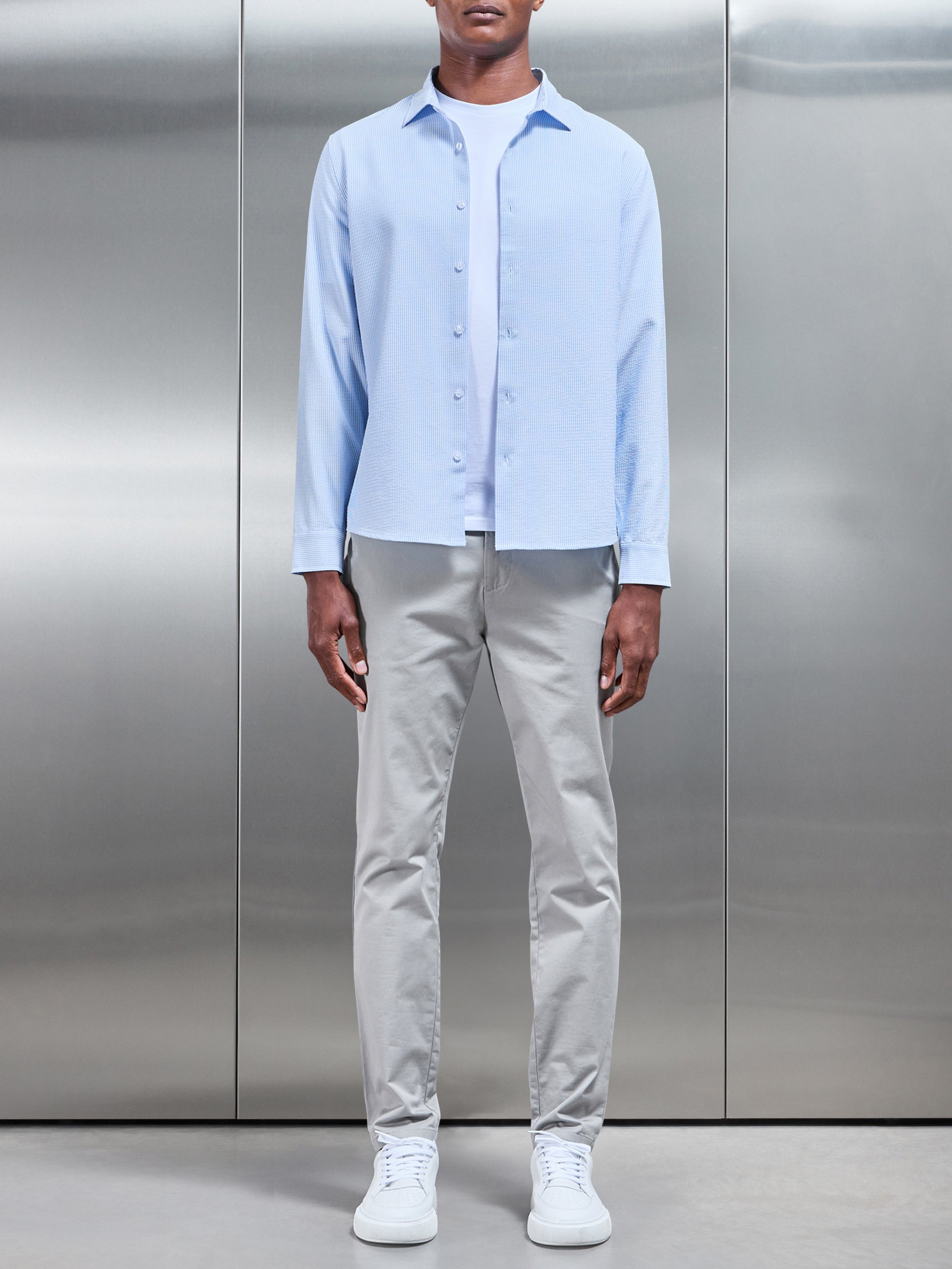 Seersucker Stripe Long Sleeve Shirt in Light Blue