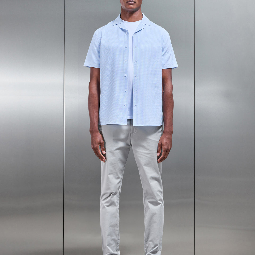 Seersucker Stripe Revere Collar Shirt in Light Blue