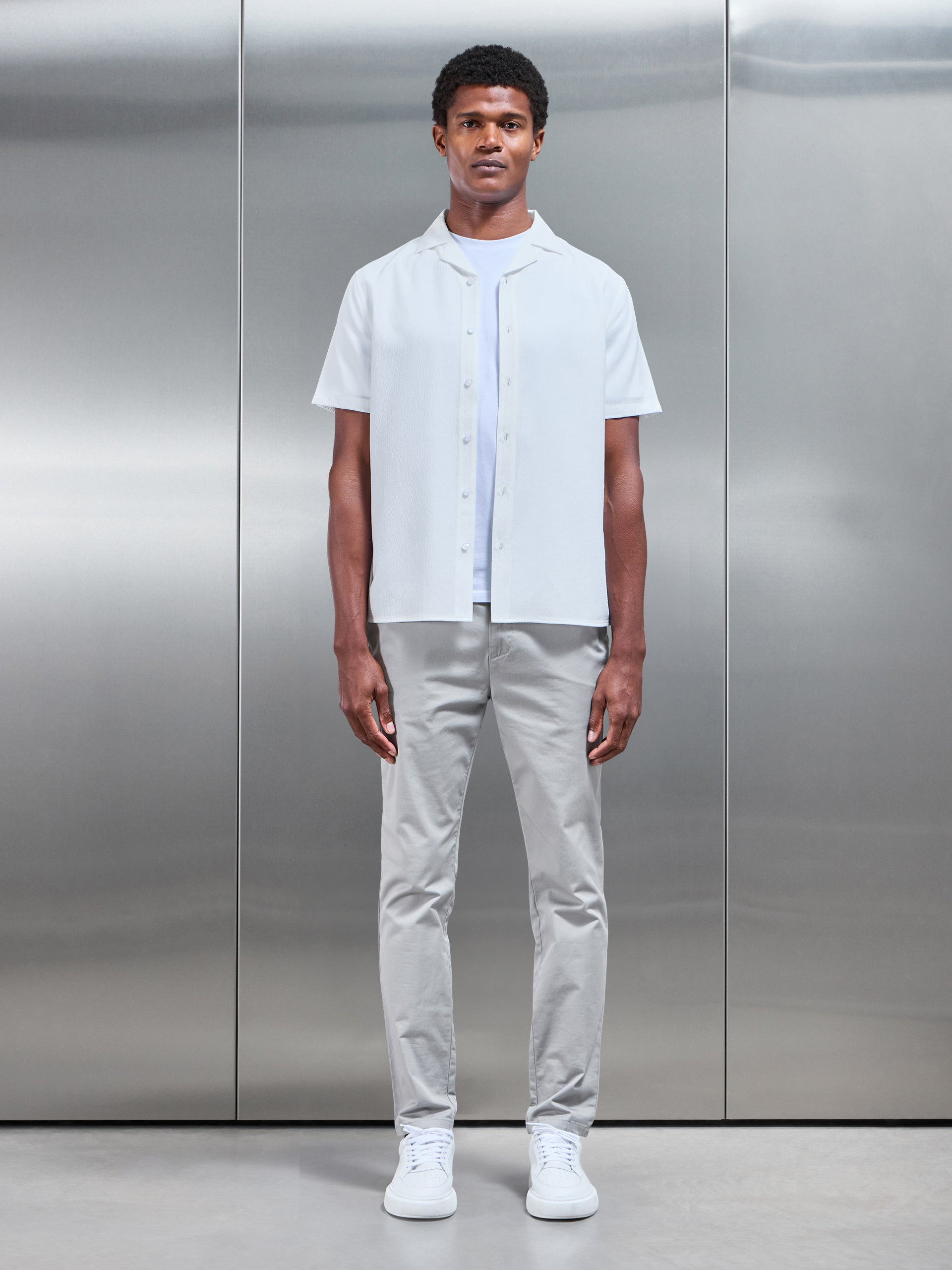 Seersucker Stripe Revere Collar Shirt in White