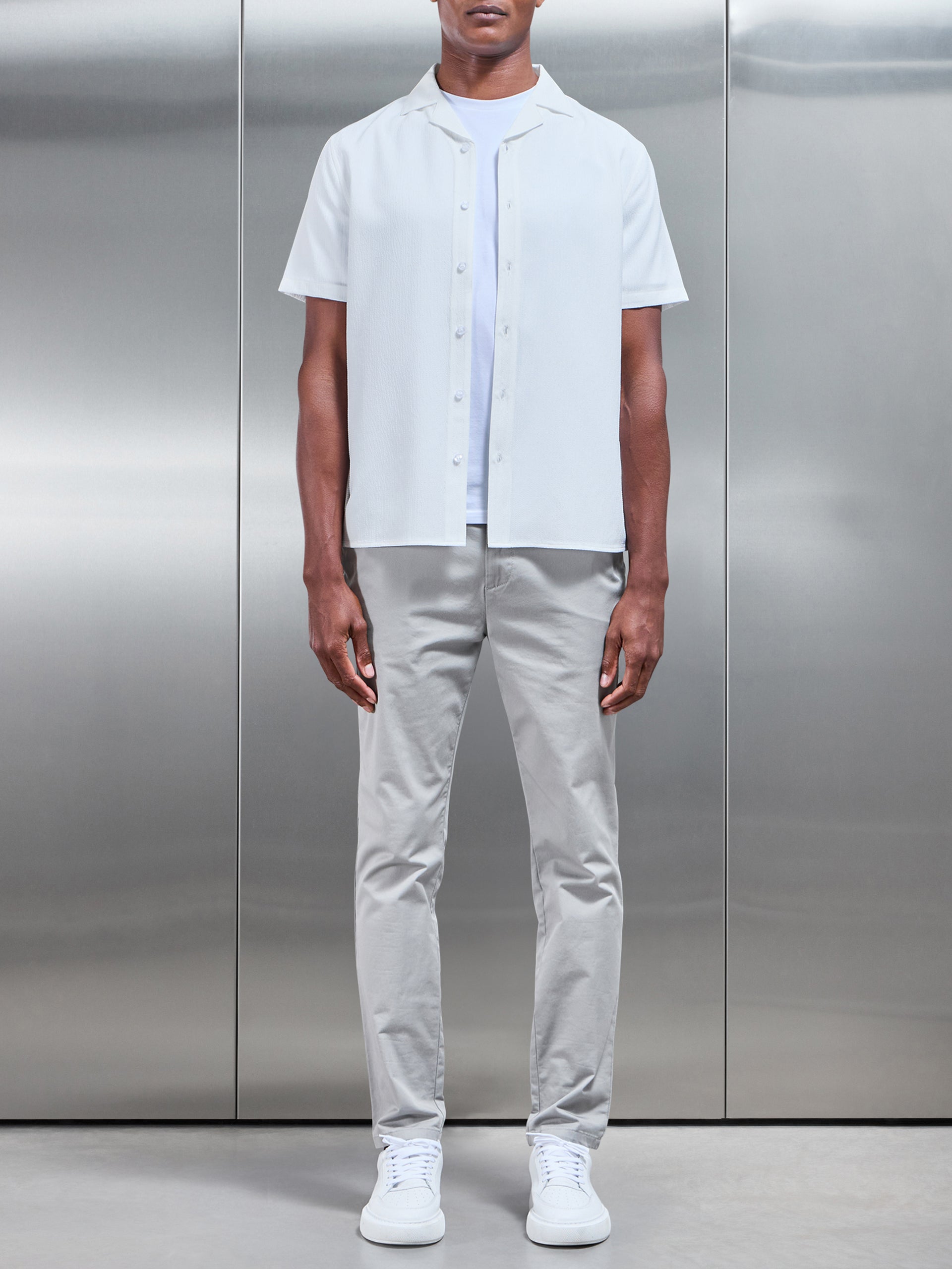 Seersucker Stripe Revere Collar Shirt in White