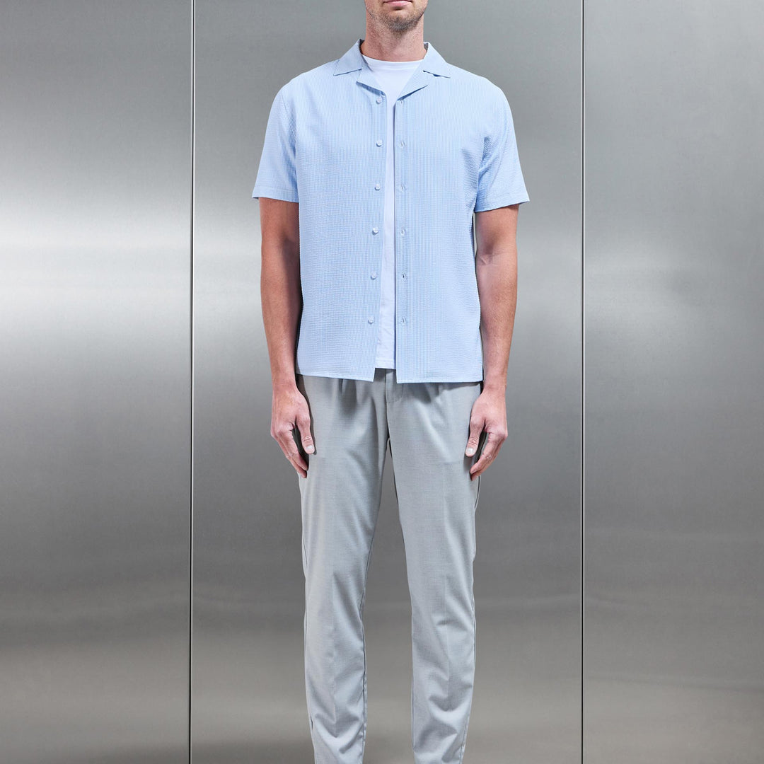 Seersucker Stripe Revere Collar Shirt in Light Blue