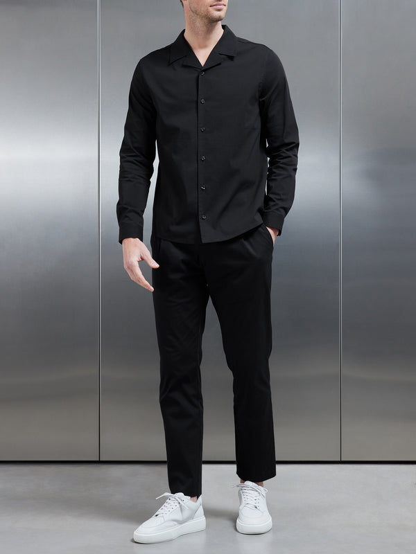Seersucker Revere Collar Long Sleeve Shirt in Black