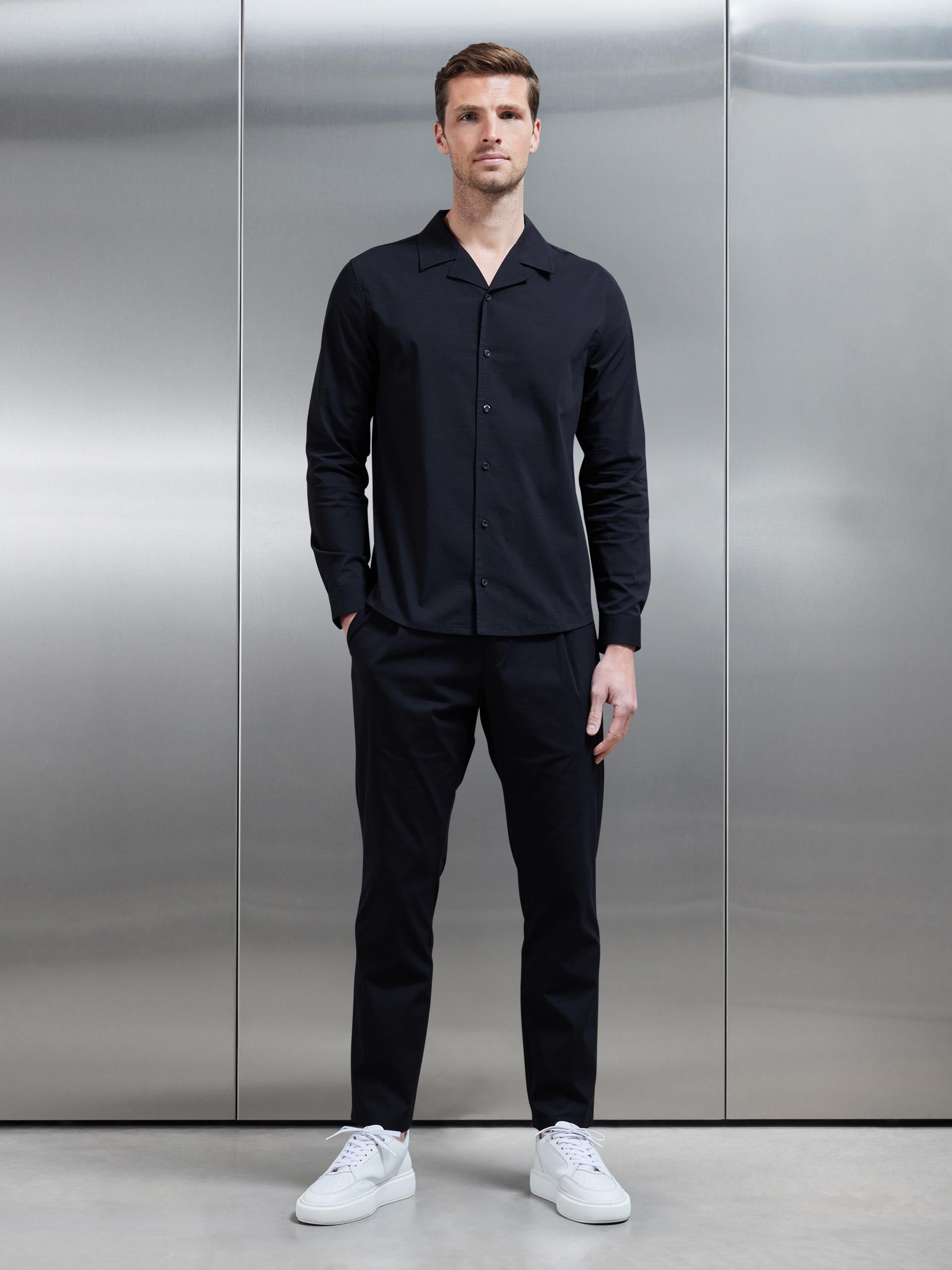 Seersucker Revere Collar Long Sleeve Shirt in Black