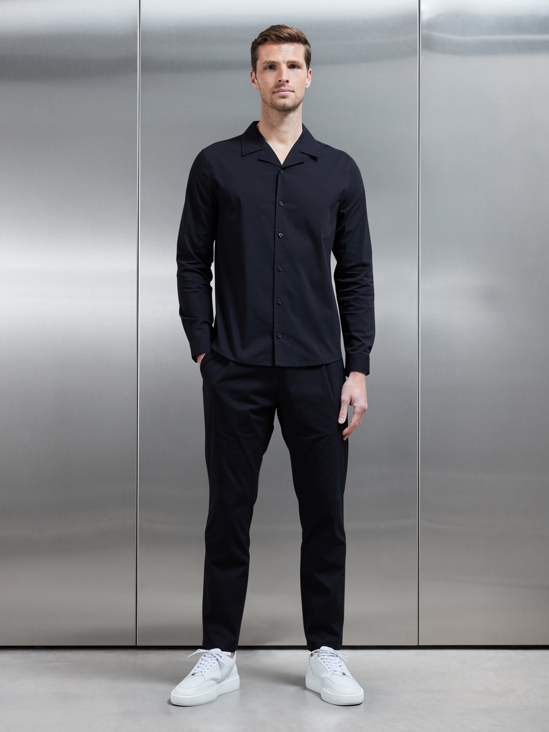 Seersucker Revere Collar Long Sleeve Shirt in Black
