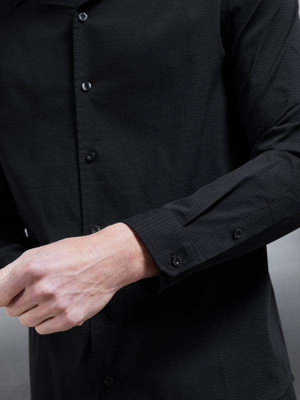 Seersucker Revere Collar Long Sleeve Shirt in Black