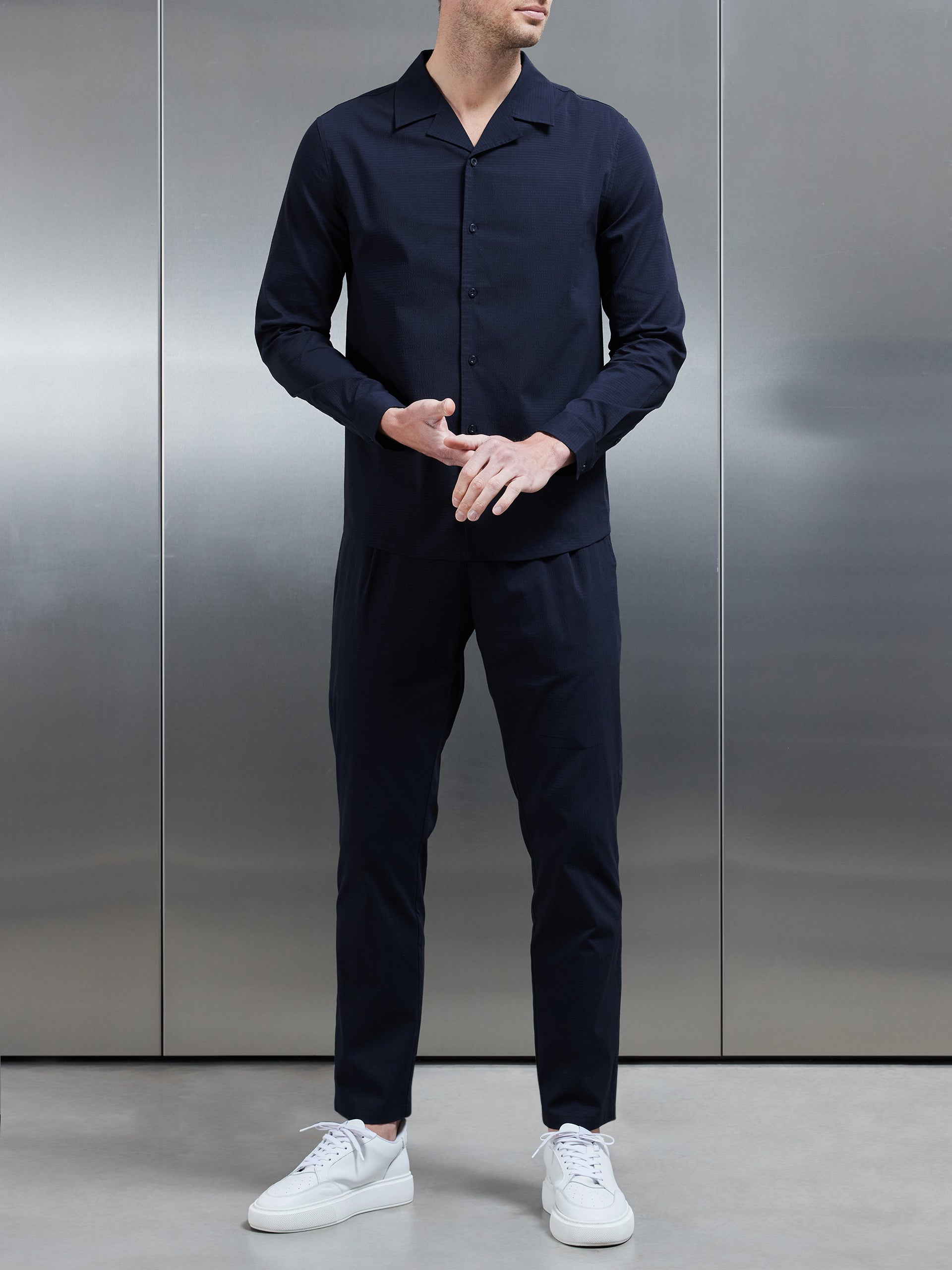 Seersucker Revere Collar Long Sleeve Shirt in Navy