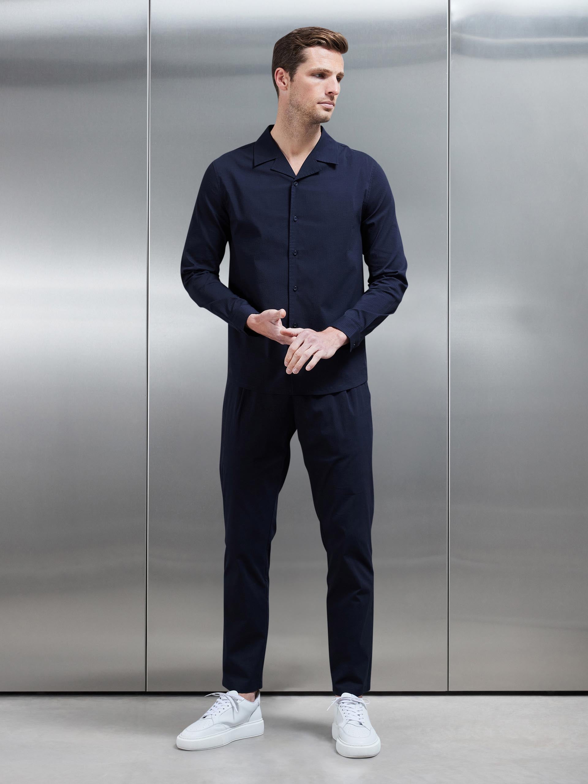 Seersucker Revere Collar Long Sleeve Shirt in Navy