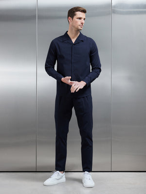 Seersucker Revere Collar Long Sleeve Shirt in Navy