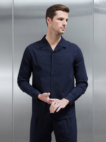 Seersucker Revere Collar Long Sleeve Shirt in Navy