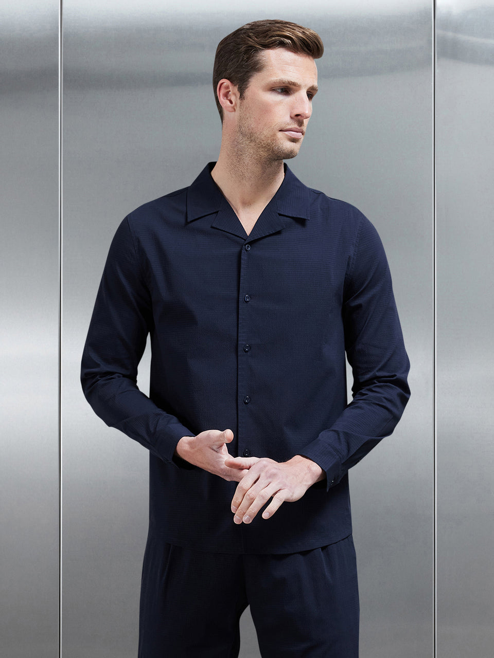 Seersucker Revere Collar Long Sleeve Shirt in Navy