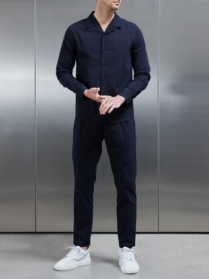 Seersucker Revere Collar Long Sleeve Shirt in Navy