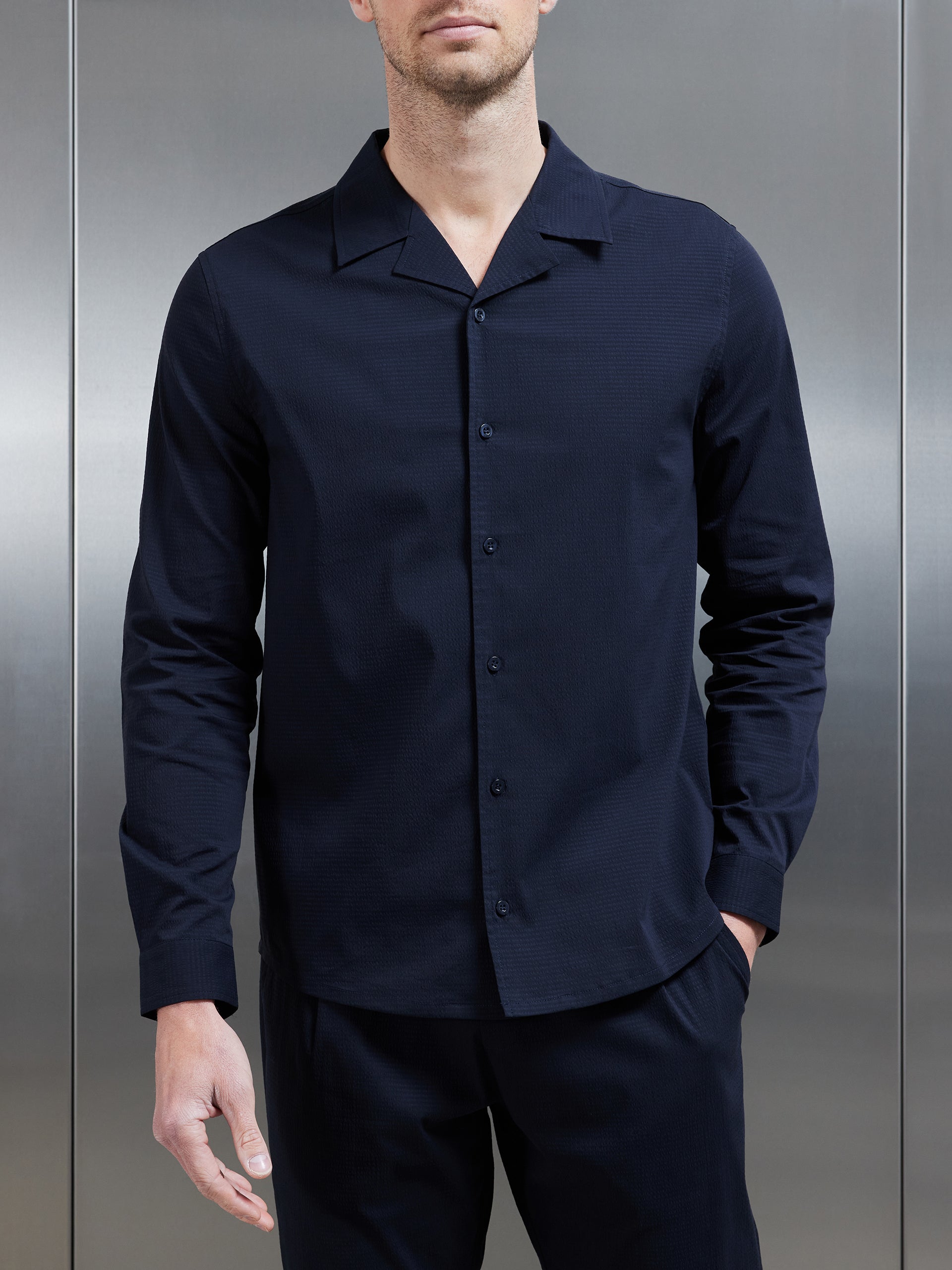 Seersucker Revere Collar Long Sleeve Shirt in Navy