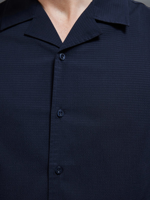 Seersucker Revere Collar Long Sleeve Shirt in Navy