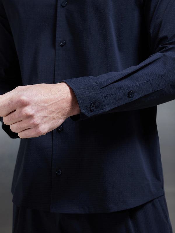 Seersucker Revere Collar Long Sleeve Shirt in Navy