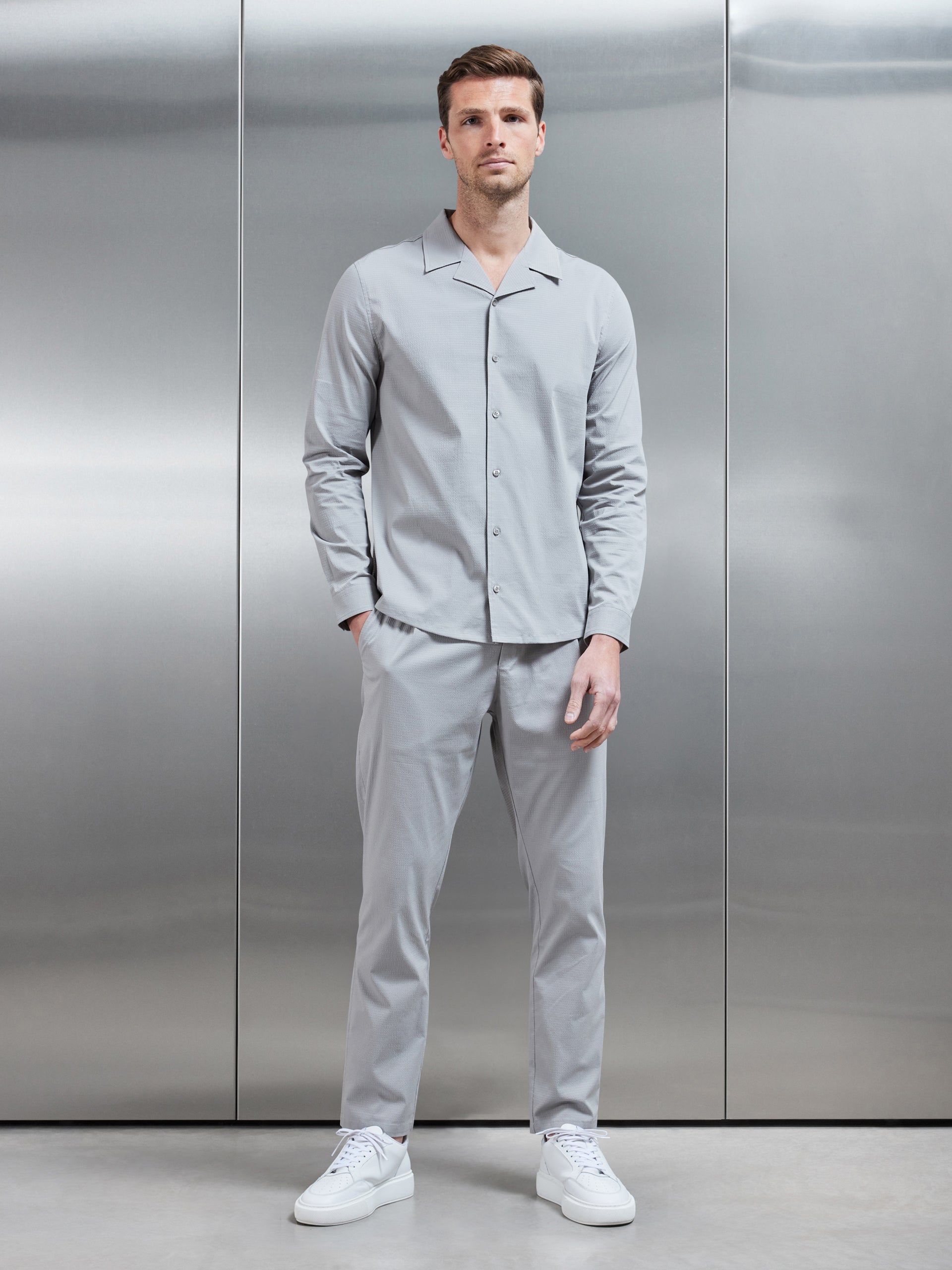 Seersucker Revere Collar Long Sleeve Shirt in Stone