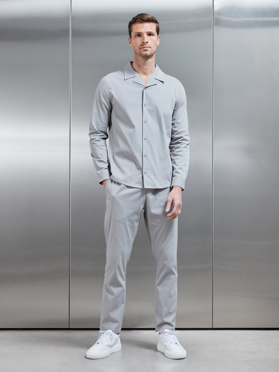 Seersucker Revere Collar Long Sleeve Shirt in Stone