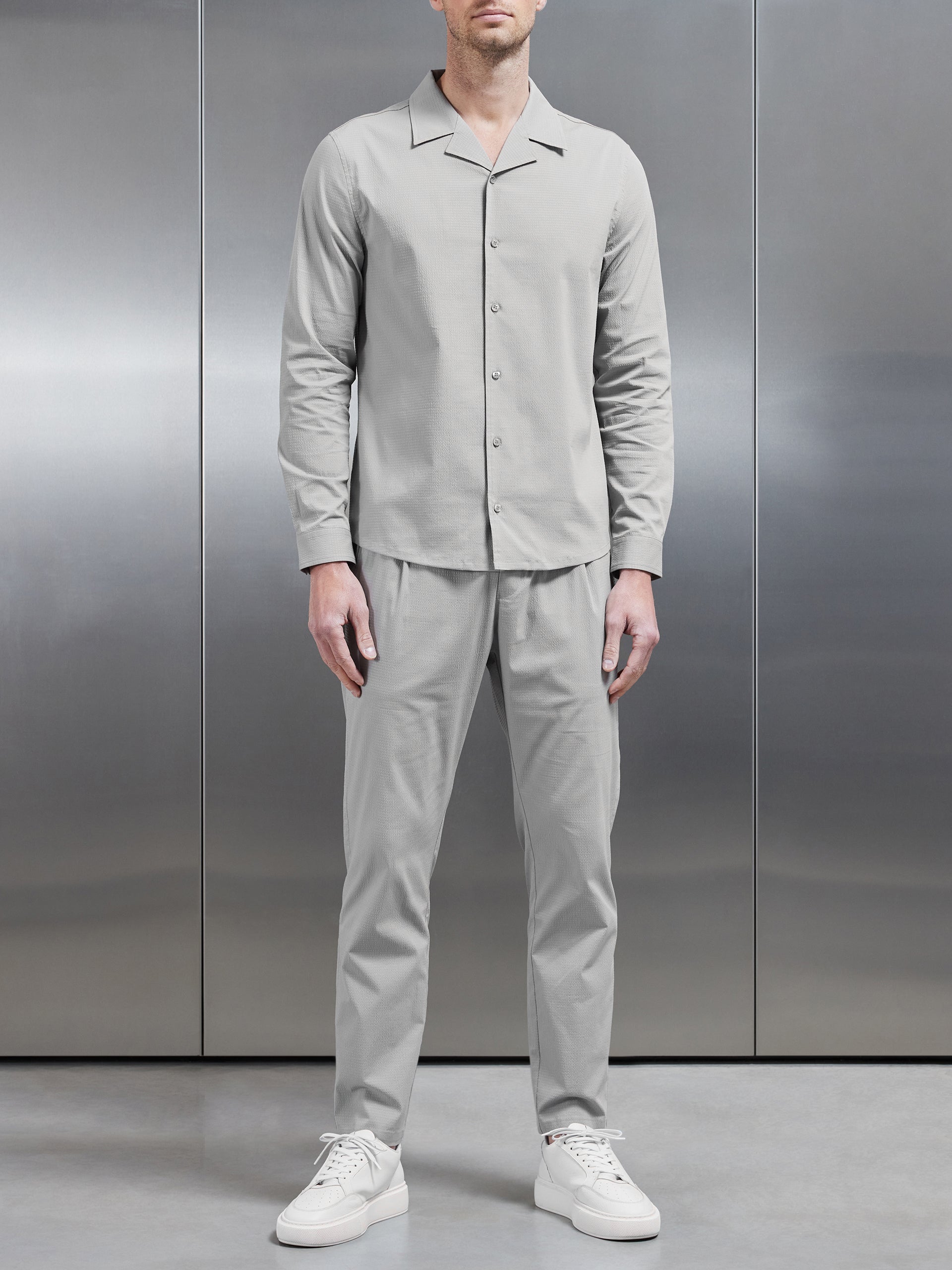Seersucker Revere Collar Long Sleeve Shirt in Stone