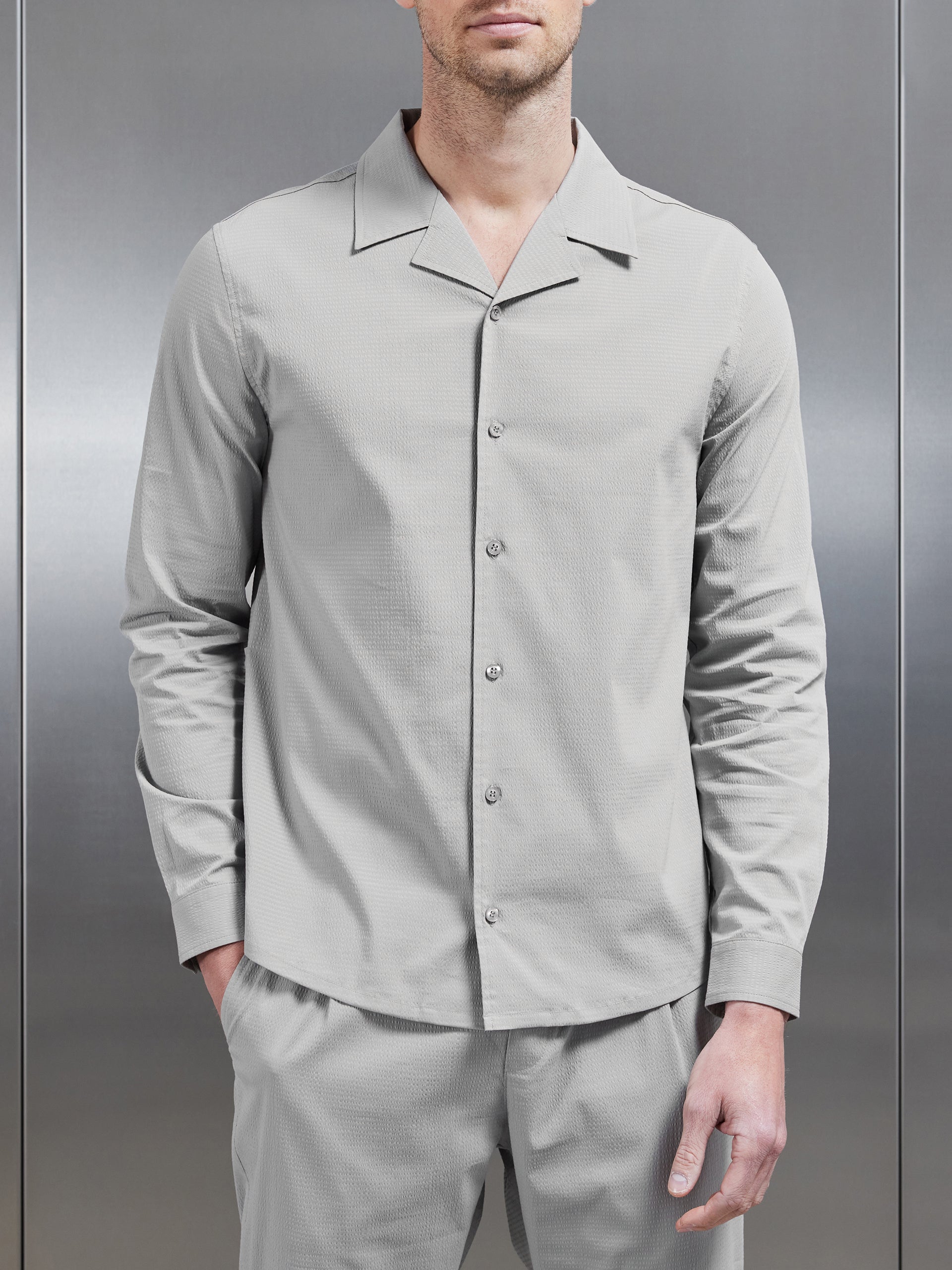 Seersucker Revere Collar Long Sleeve Shirt in Stone