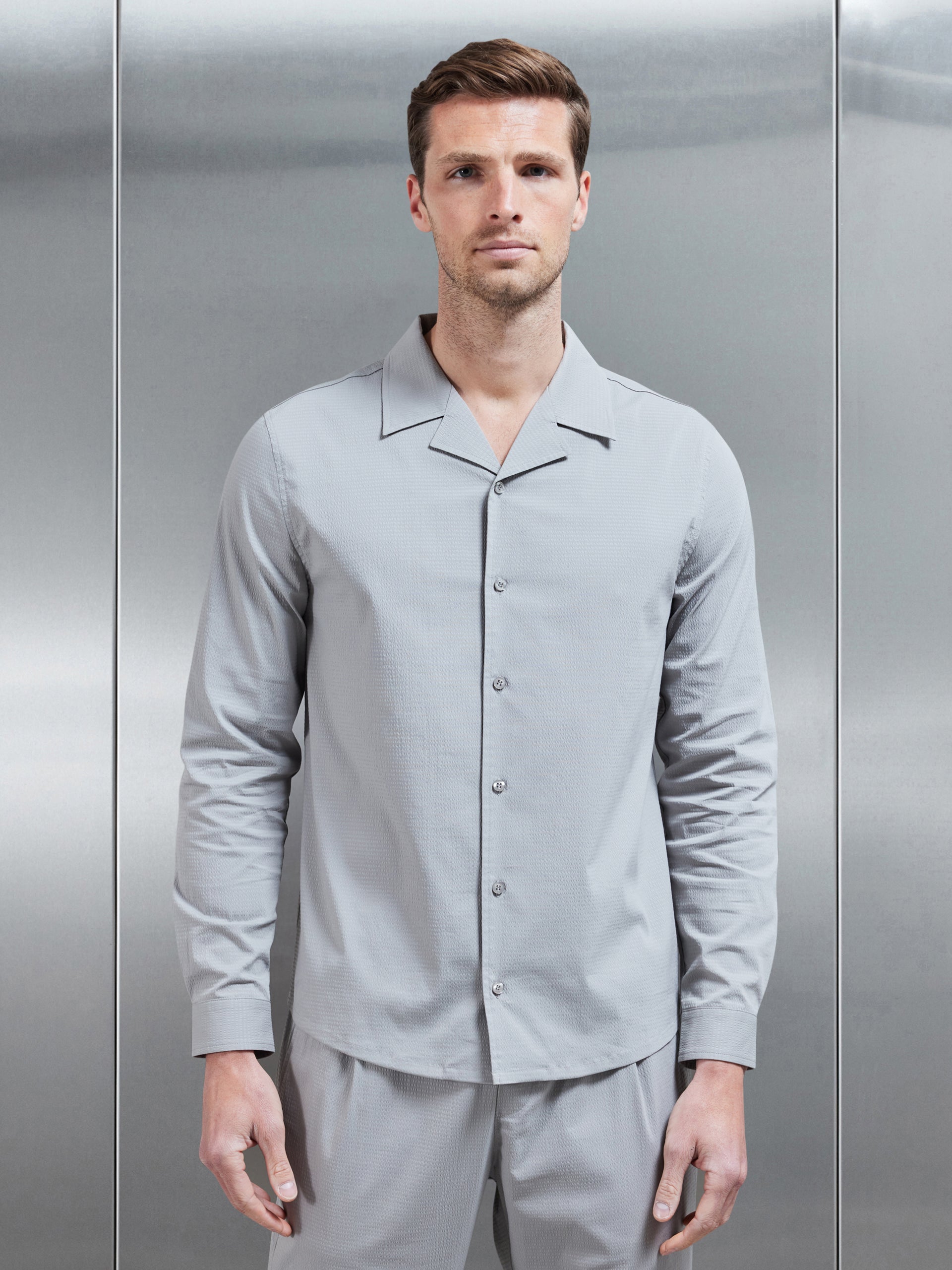 Seersucker Revere Collar Long Sleeve Shirt in Stone
