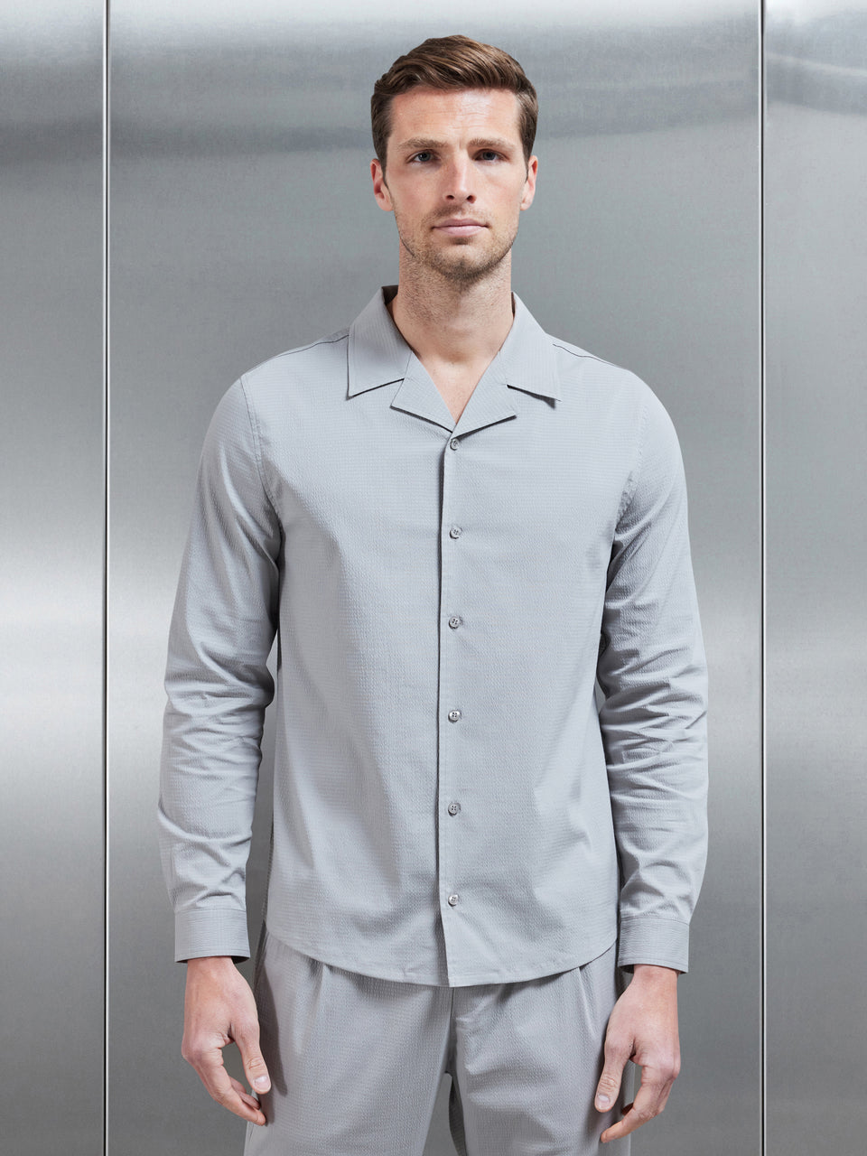 Seersucker Revere Collar Long Sleeve Shirt in Stone