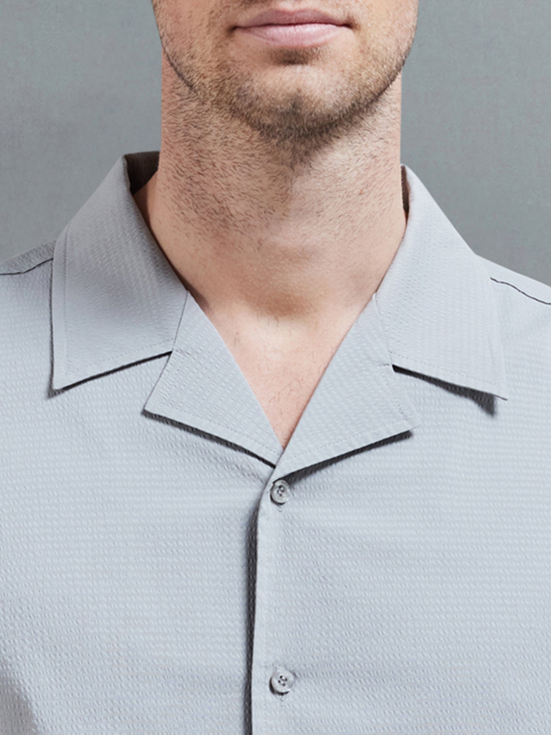 Seersucker Revere Collar Long Sleeve Shirt in Stone