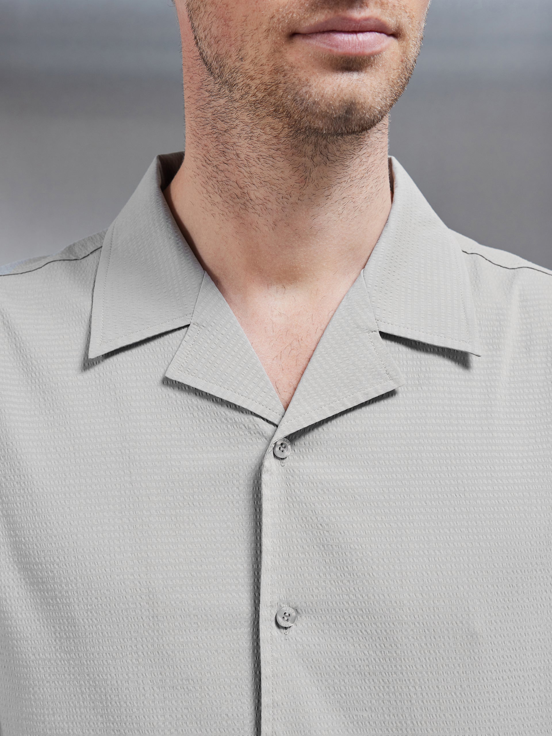 Seersucker Revere Collar Long Sleeve Shirt in Stone