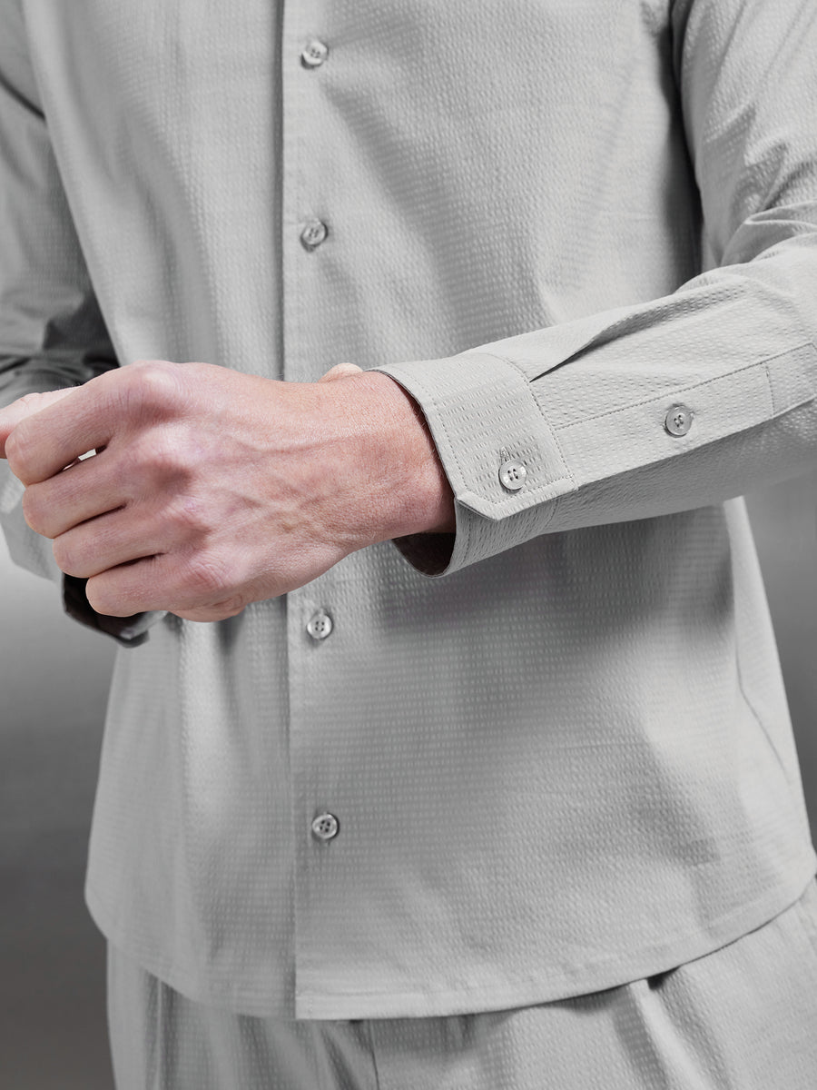 Seersucker Revere Collar Long Sleeve Shirt in Stone