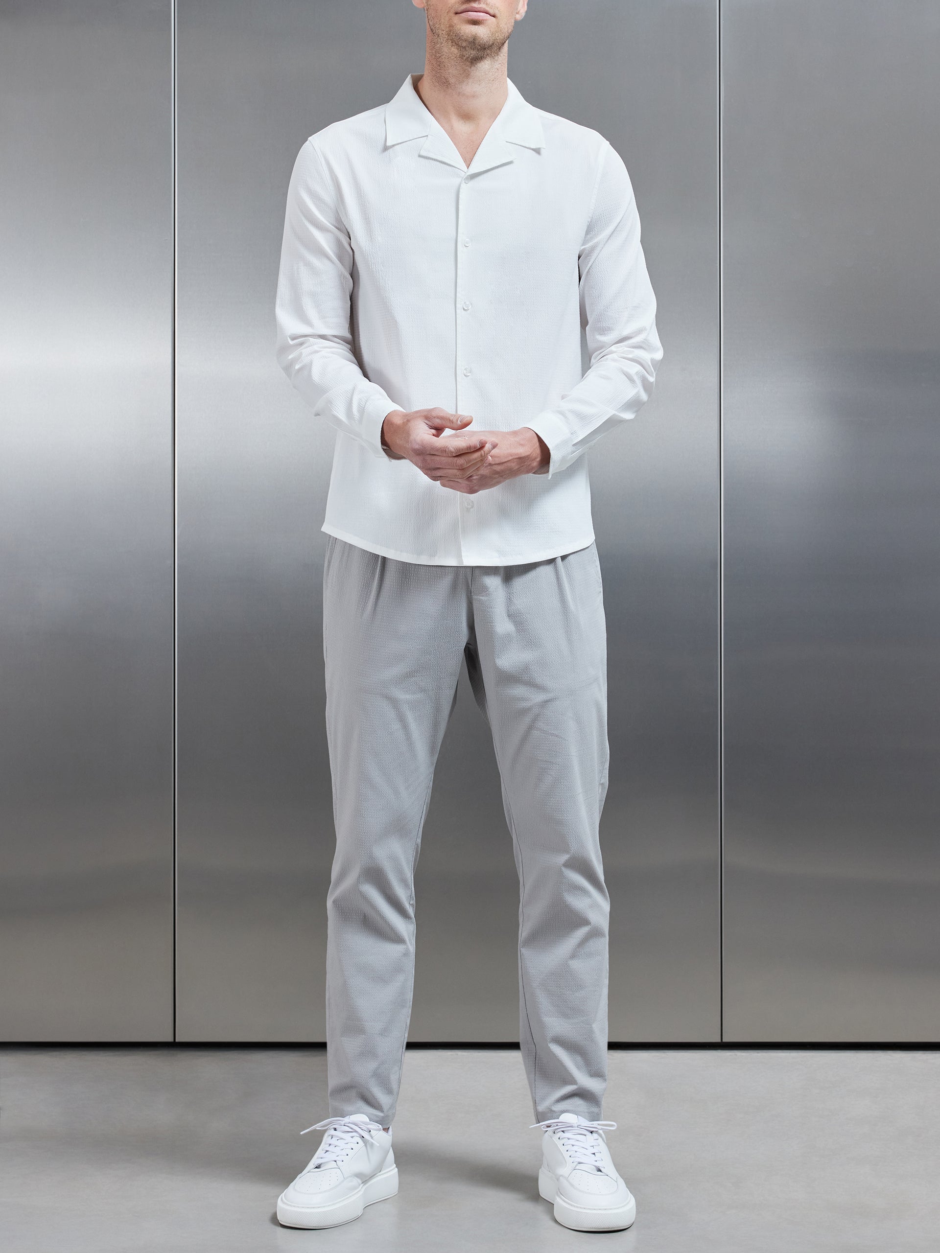 Seersucker Revere Collar Long Sleeve Shirt in White