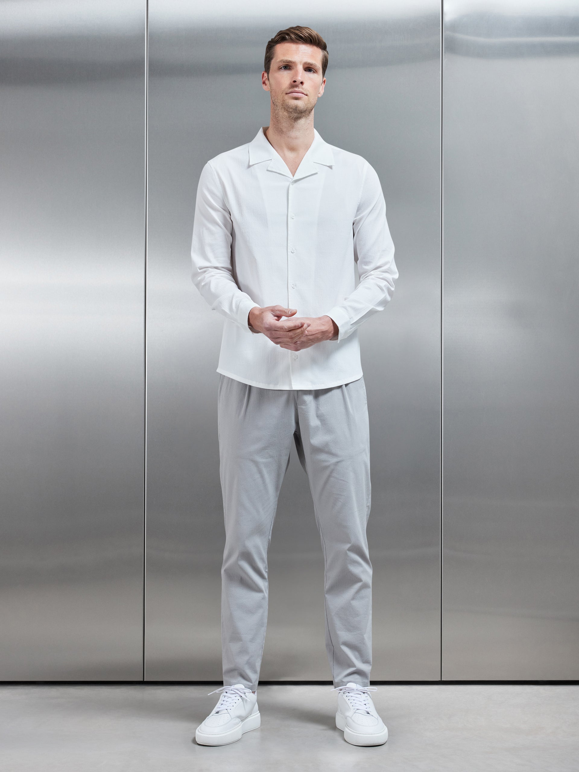 Seersucker Revere Collar Long Sleeve Shirt in White