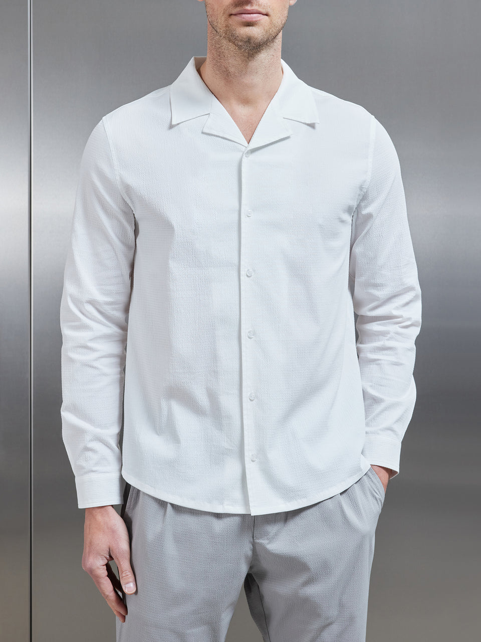 Seersucker Revere Collar Long Sleeve Shirt in White