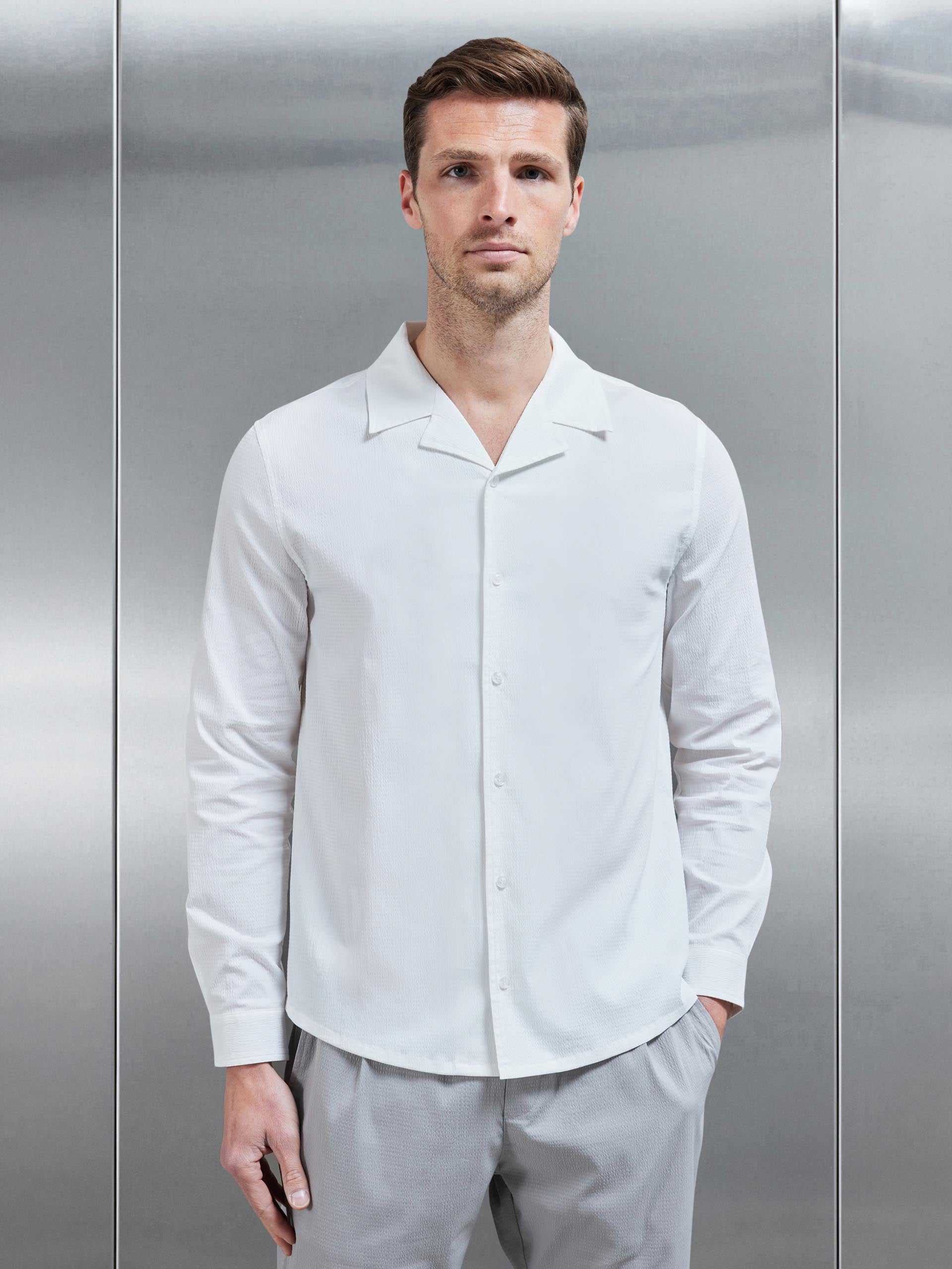 Seersucker Revere Collar Long Sleeve Shirt in White