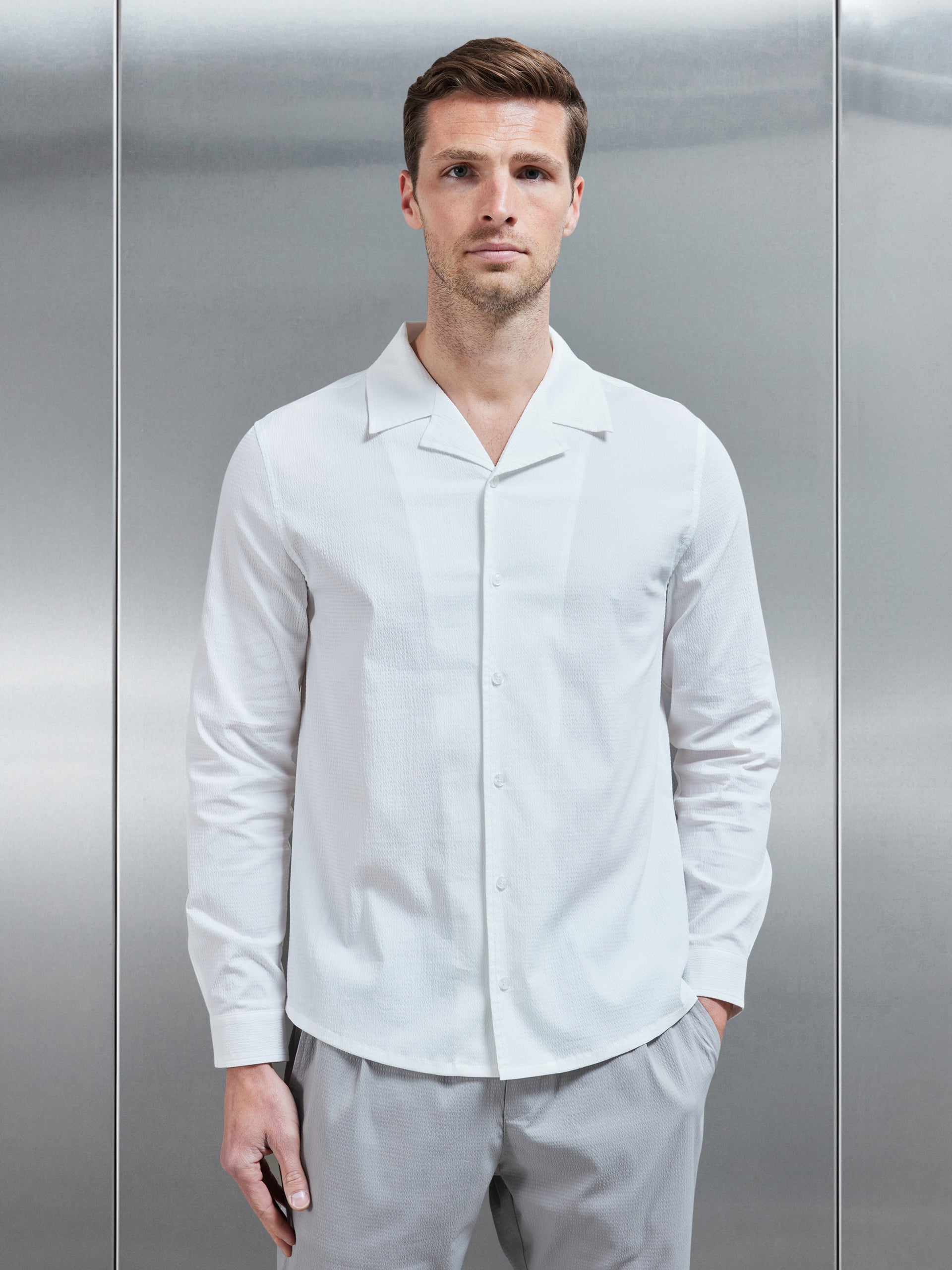 Seersucker Revere Collar Long Sleeve Shirt in White