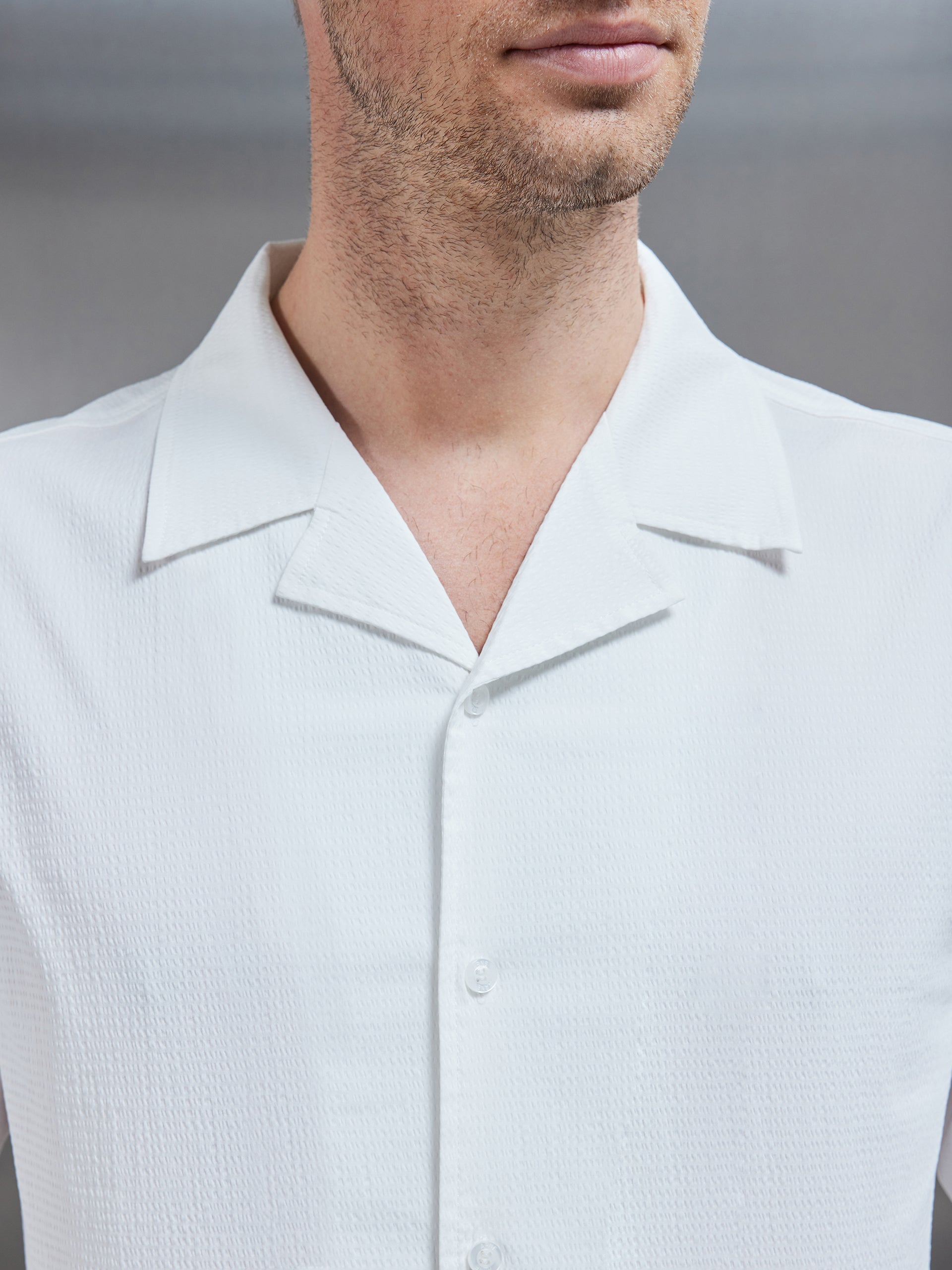 Seersucker Revere Collar Long Sleeve Shirt in White