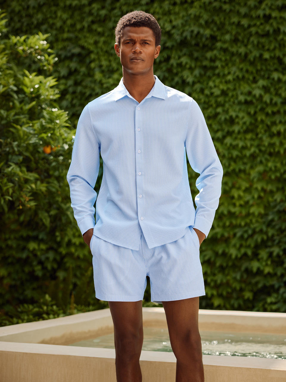 Seersucker Stripe Drawstring Swim Short in Light Blue