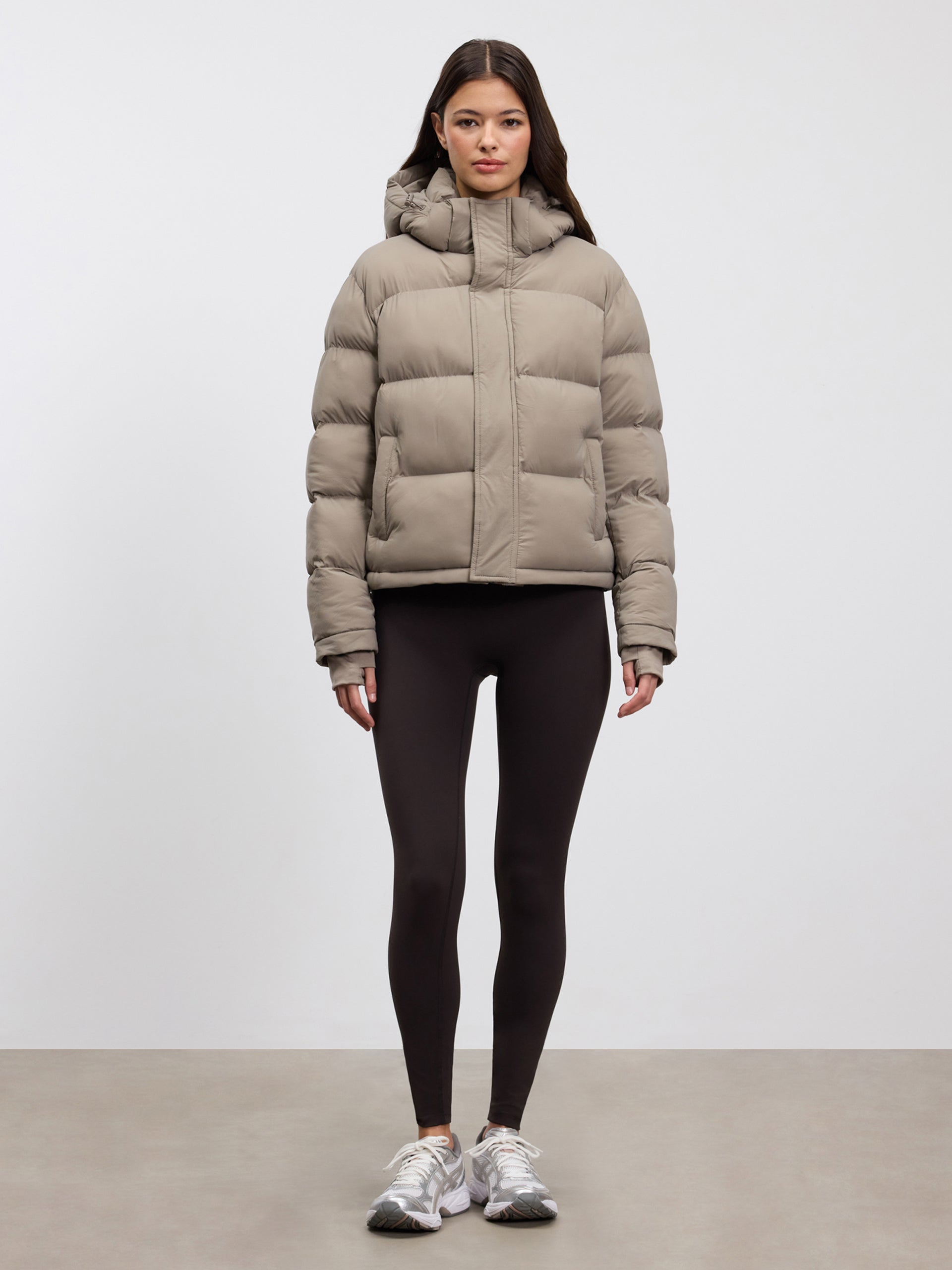 Womens Short Length Puffer Jacket in Stone