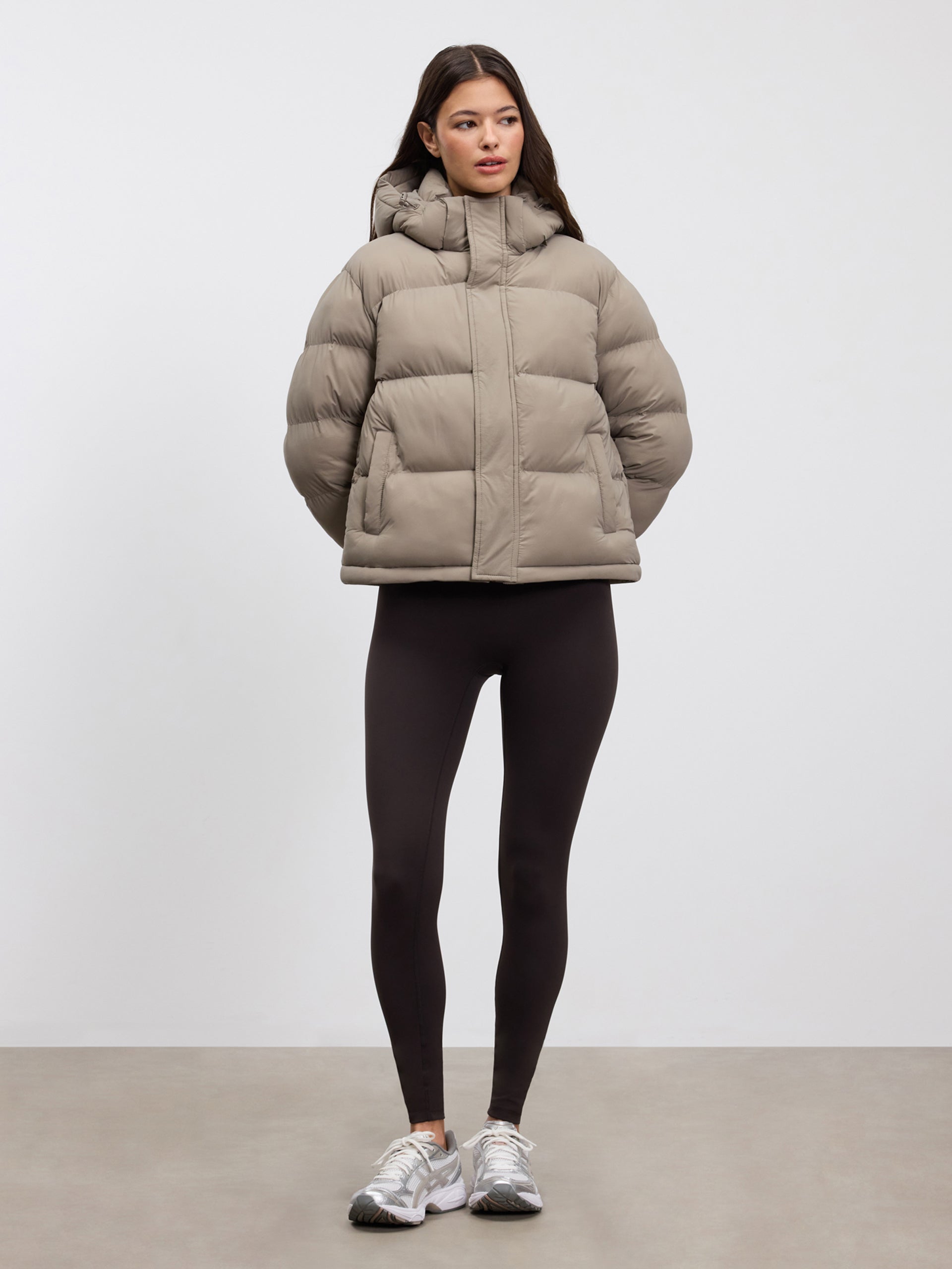 Womens Short Length Puffer Jacket in Stone