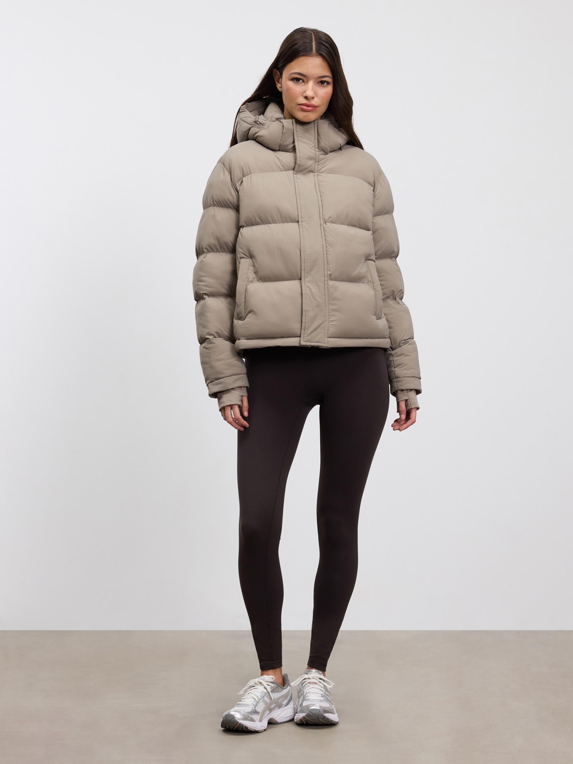 Womens Short Length Puffer Jacket in Stone