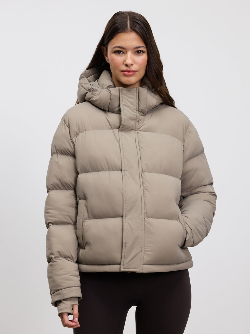 Womens Short Length Puffer Jacket in Stone
