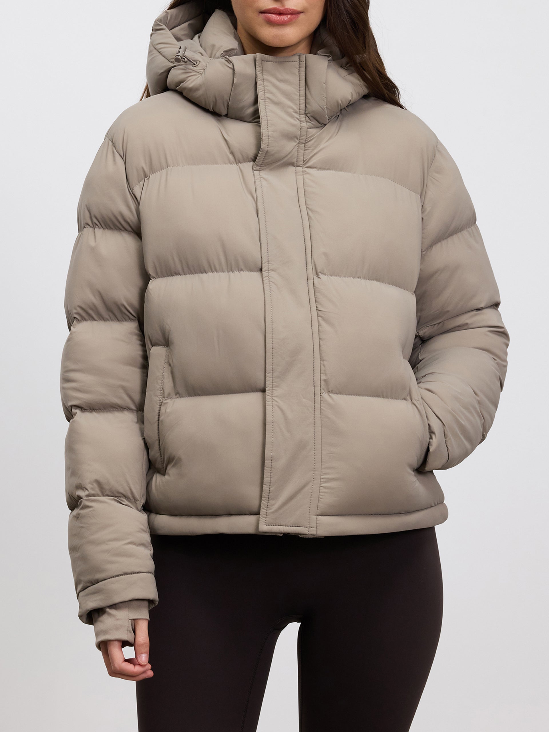 Womens Short Length Puffer Jacket in Stone