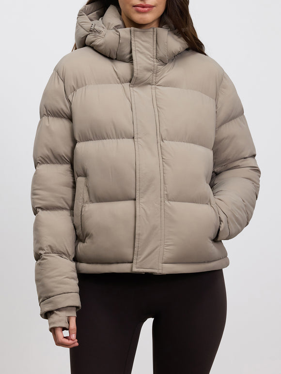 Womens Short Length Puffer Jacket in Stone