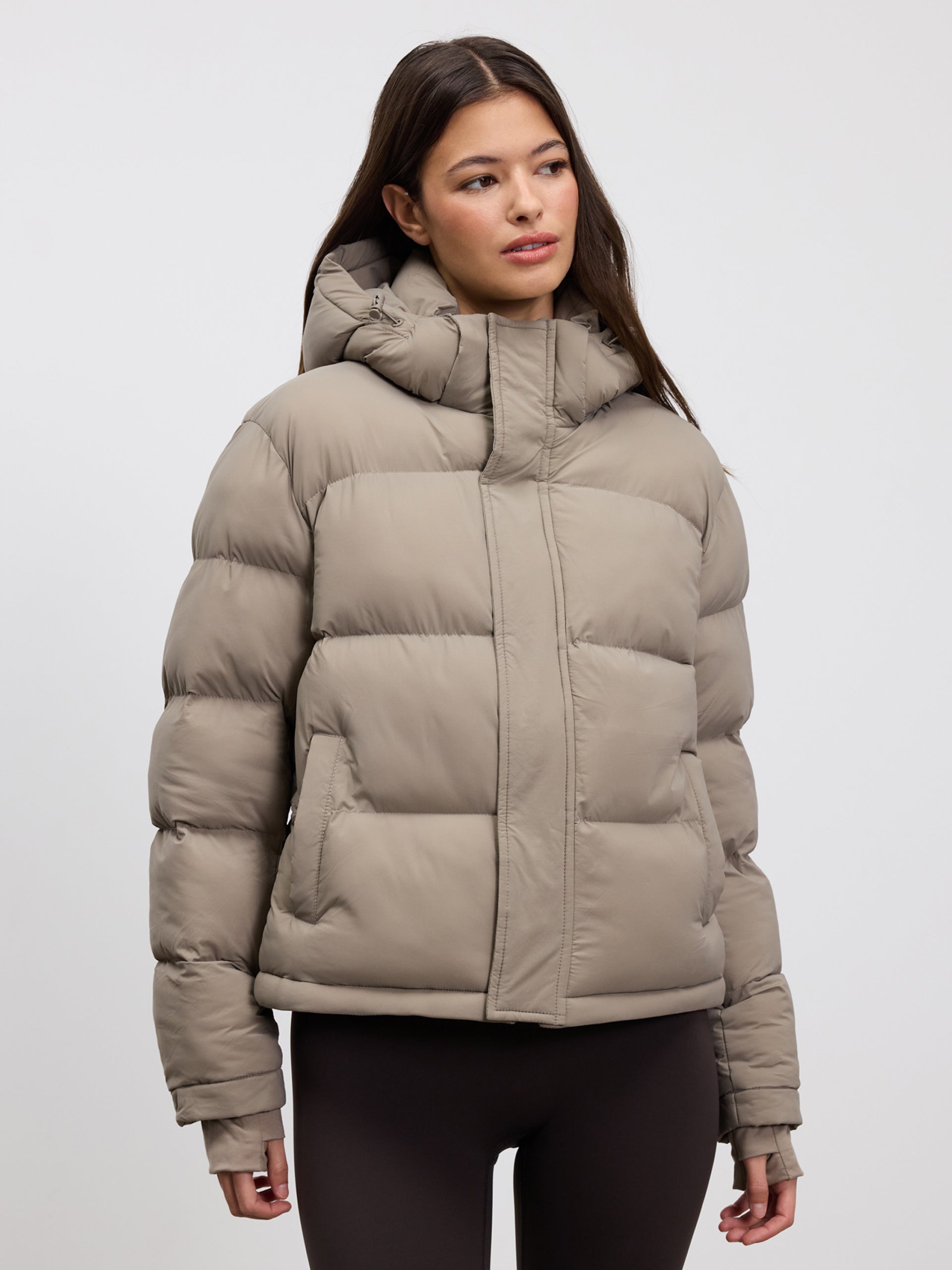 Womens Short Length Puffer Jacket in Stone